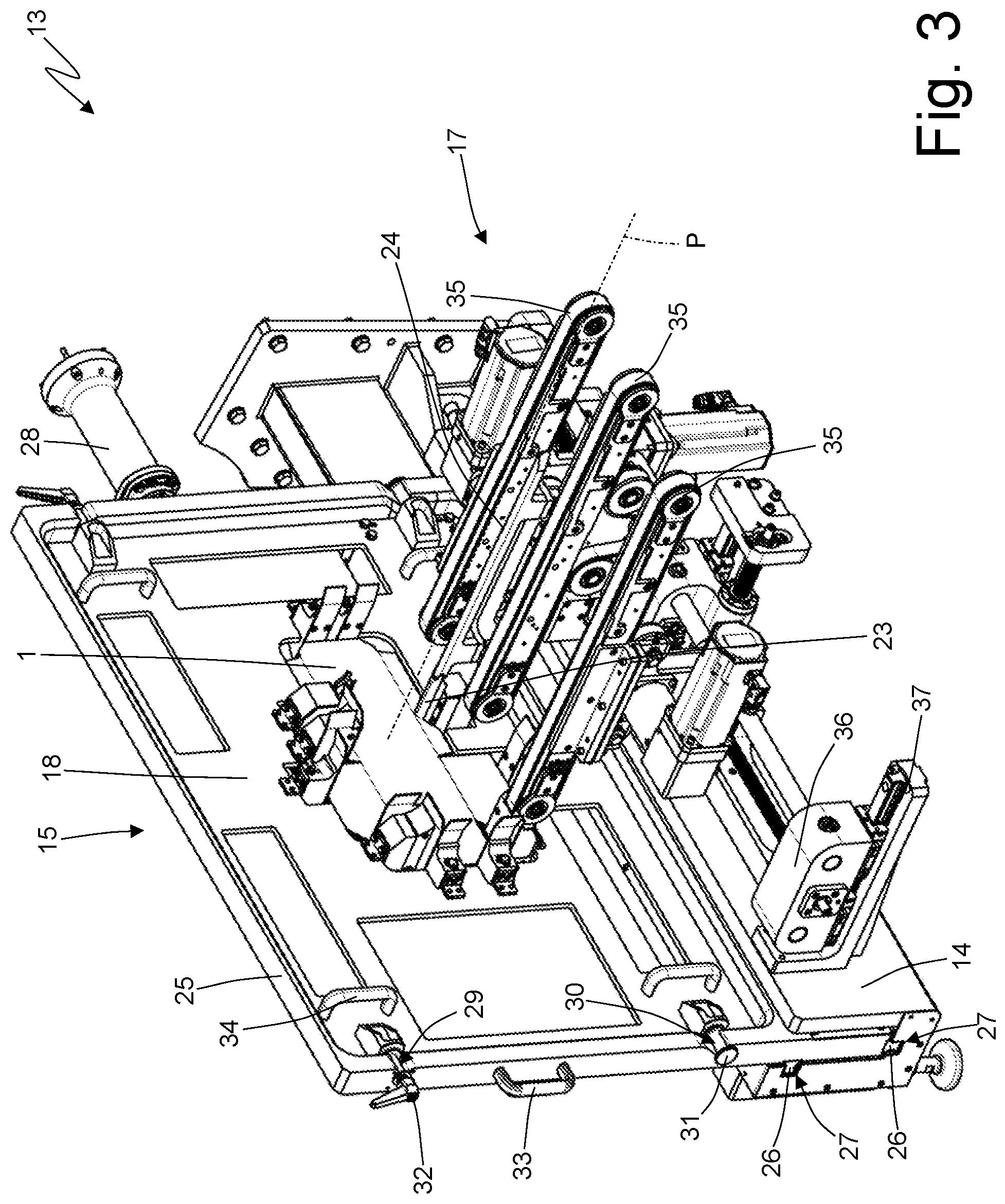 Patent US12351408 Figure 3 – Blank feeding unit for a packer machine and provided with a series of interchangeable hoppers