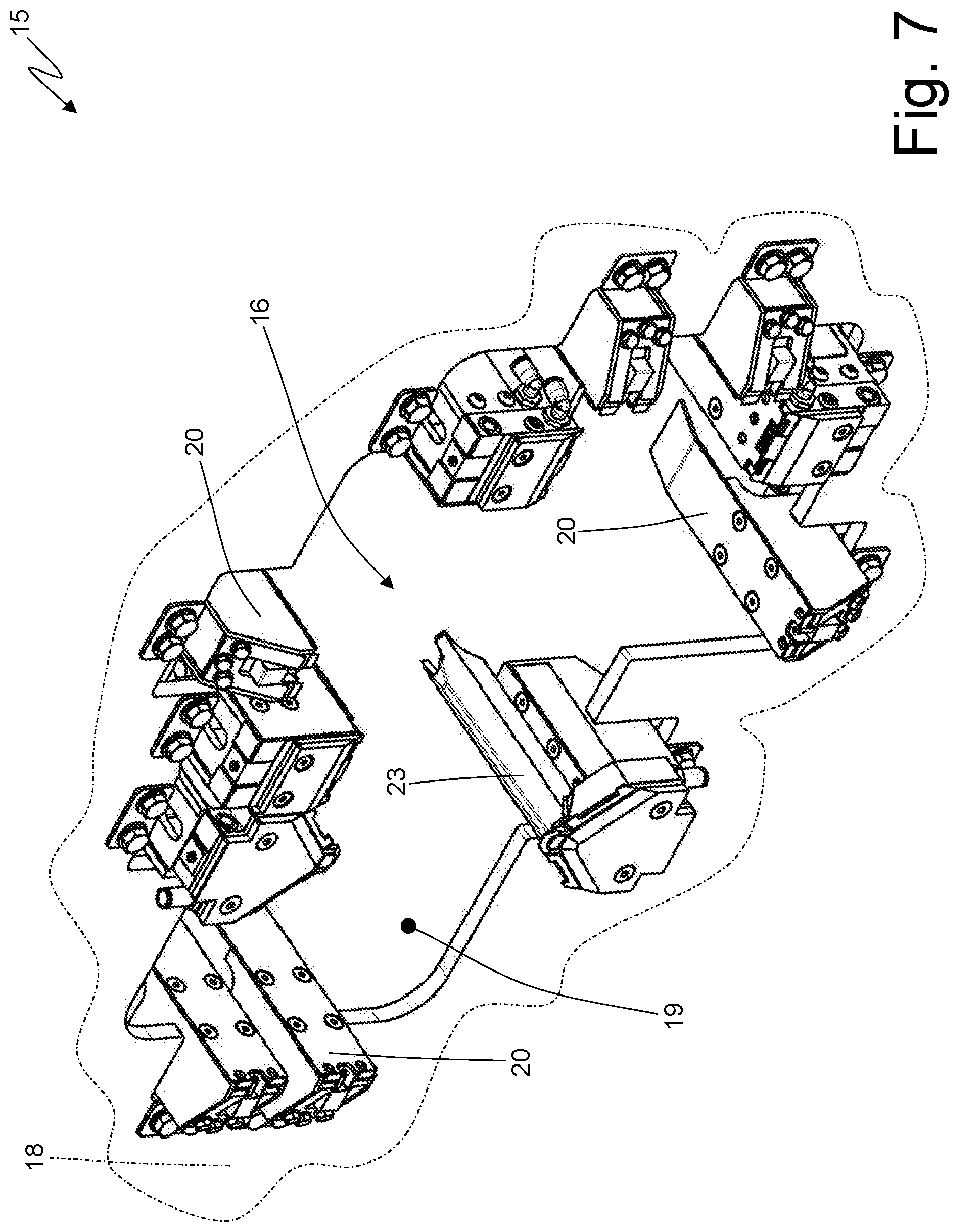 Patent US12351408 Figure 7 – Blank feeding unit for a packer machine and provided with a series of interchangeable hoppers