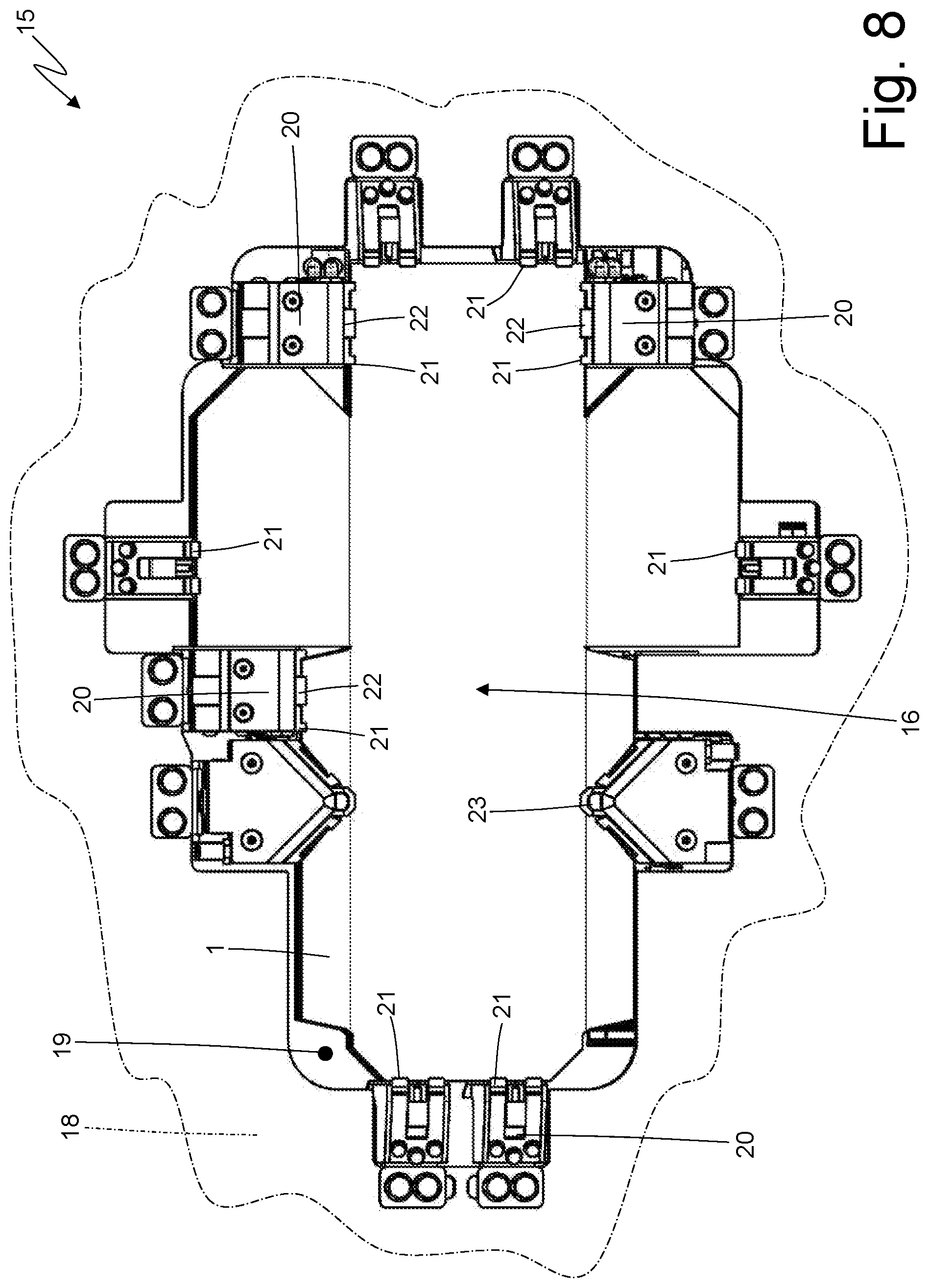 Patent US12351408 Figure 8 – Blank feeding unit for a packer machine and provided with a series of interchangeable hoppers