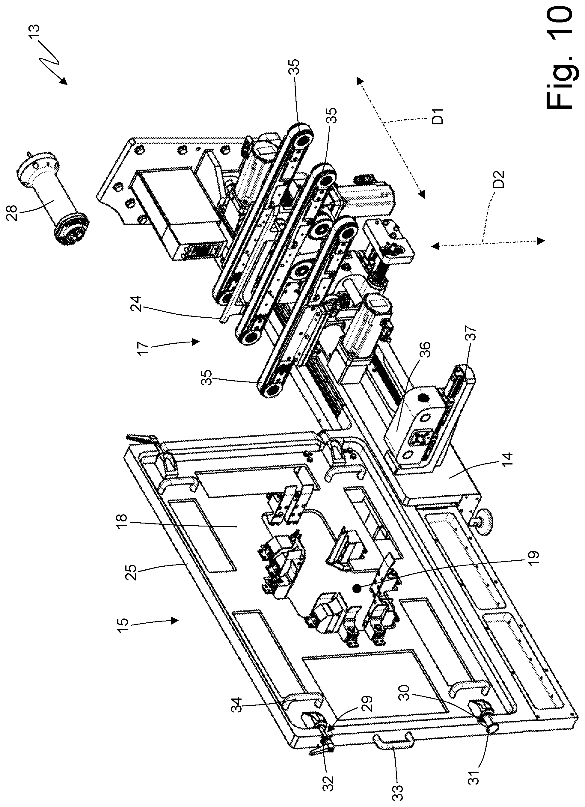 Patent US12351408 Figure 10 – Blank feeding unit for a packer machine and provided with a series of interchangeable hoppers
