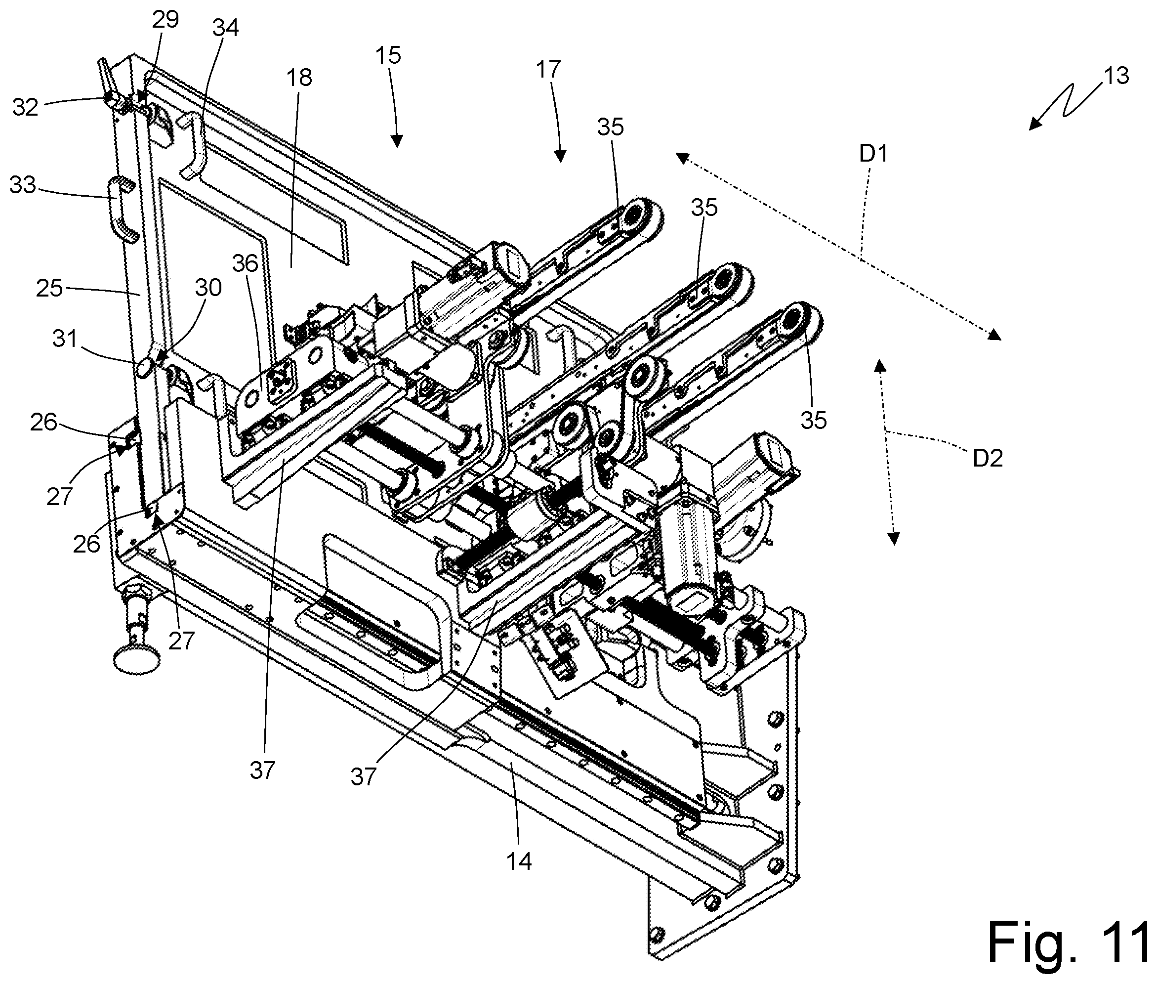 Patent US12351408 Figure 11 – Blank feeding unit for a packer machine and provided with a series of interchangeable hoppers