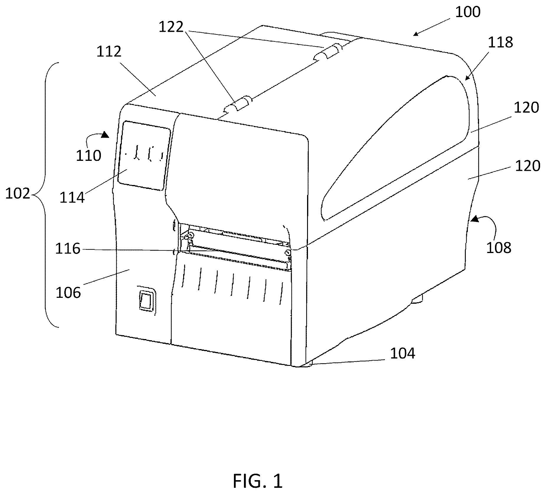 Patent US12351410 Figure 1 – Printer with linerless media wrap removal mechanism and associated methods