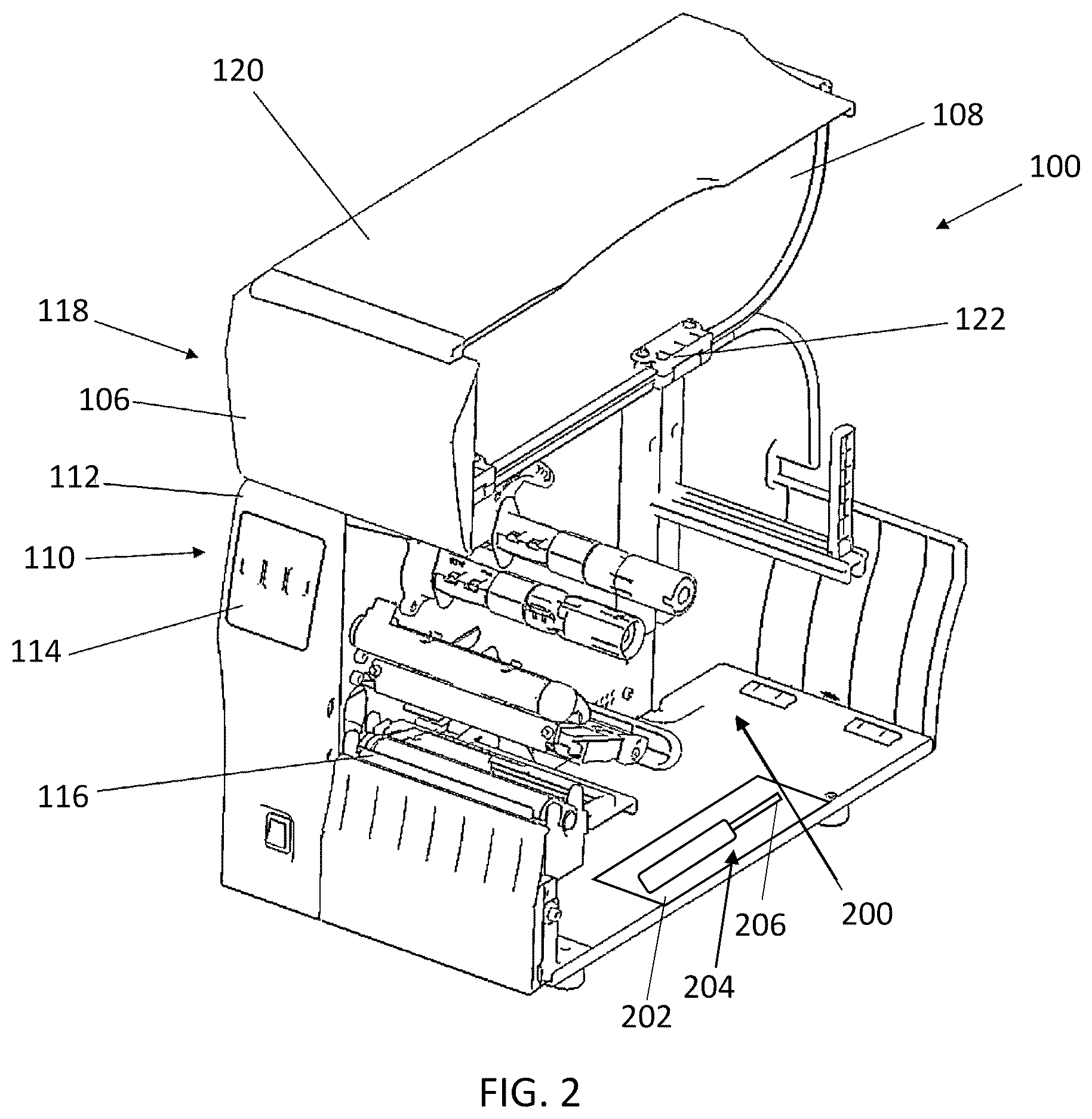 Patent US12351410 Figure 2 – Printer with linerless media wrap removal mechanism and associated methods