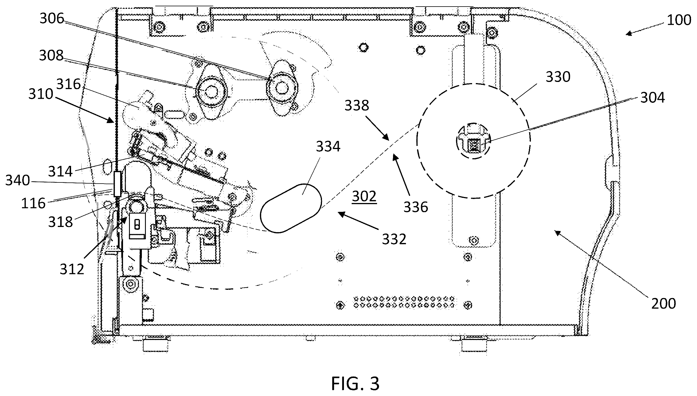 Patent US12351410 Figure 3 – Printer with linerless media wrap removal mechanism and associated methods