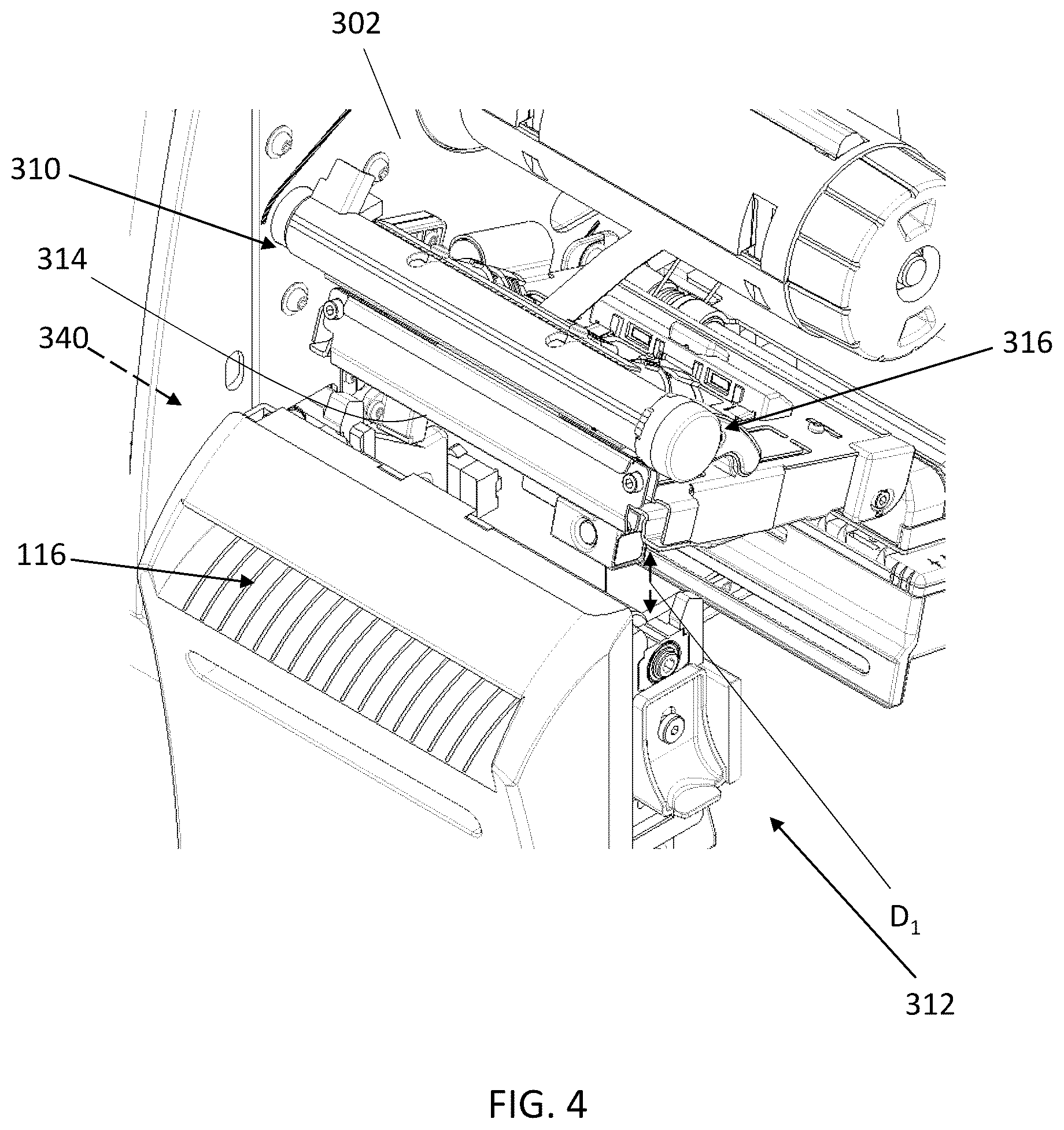 Patent US12351410 Figure 4 – Printer with linerless media wrap removal mechanism and associated methods