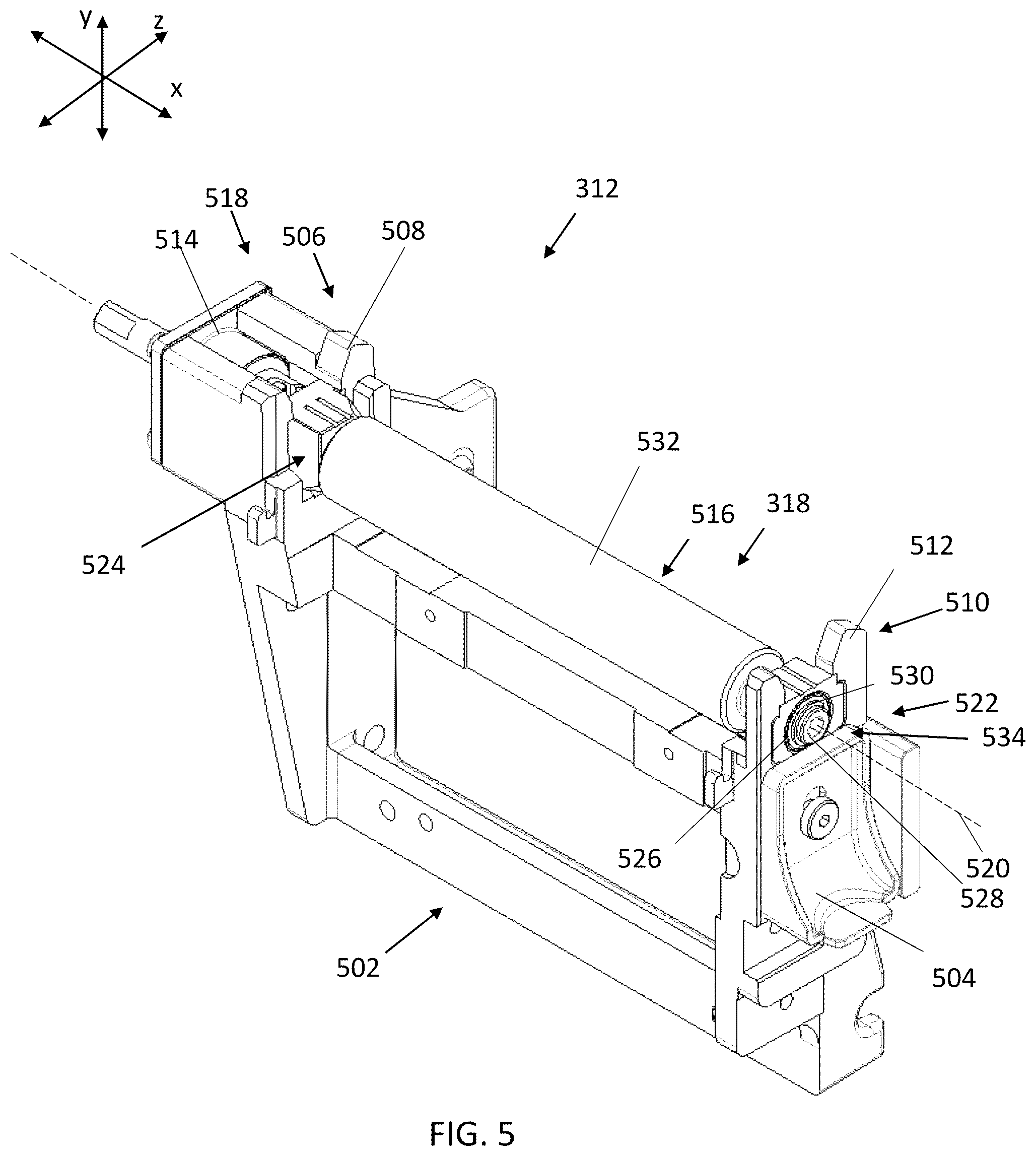 Patent US12351410 Figure 5 – Printer with linerless media wrap removal mechanism and associated methods