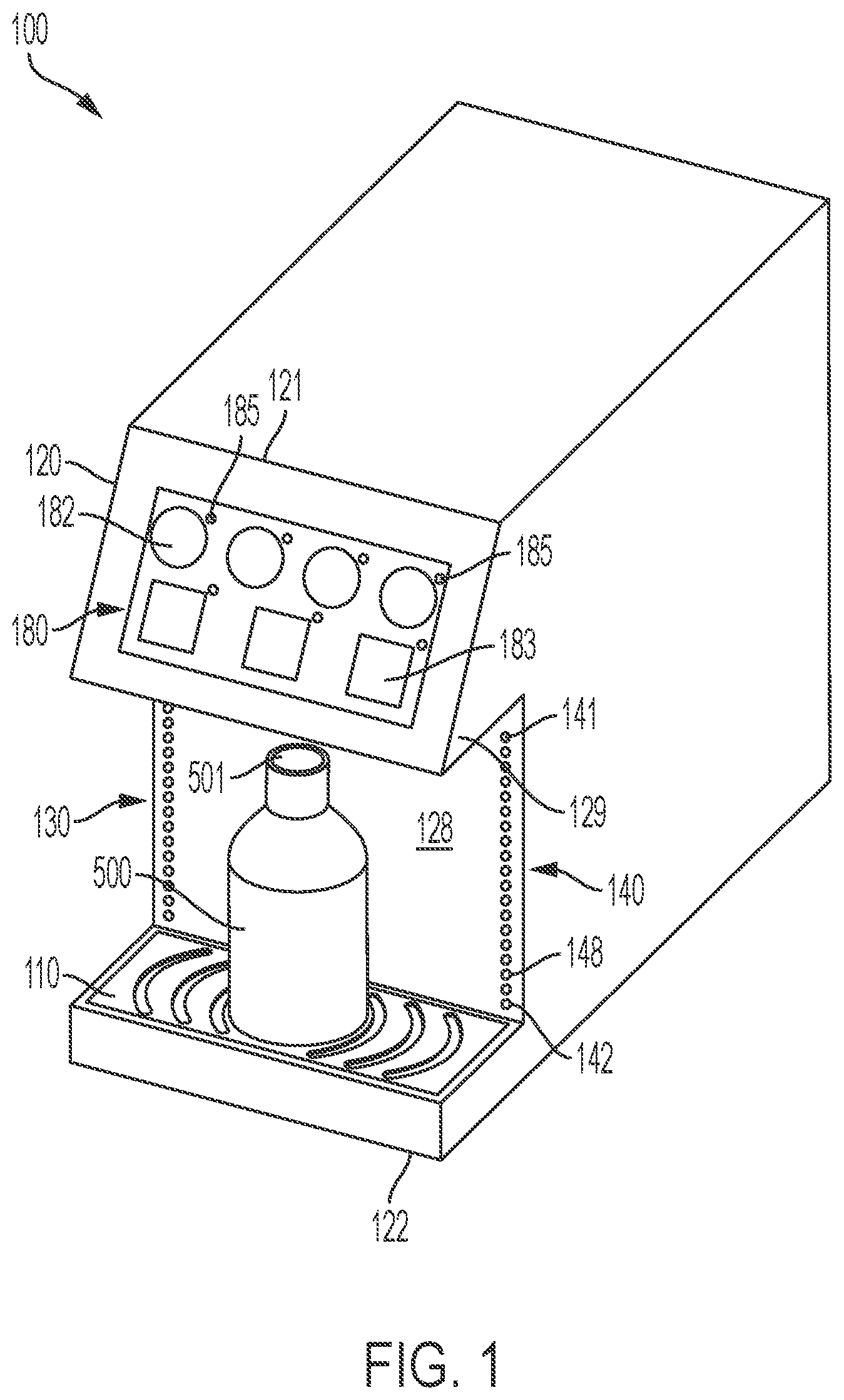 Patent US12351448 Figure 1 – Beverage dispenser with beverage-level indicator
