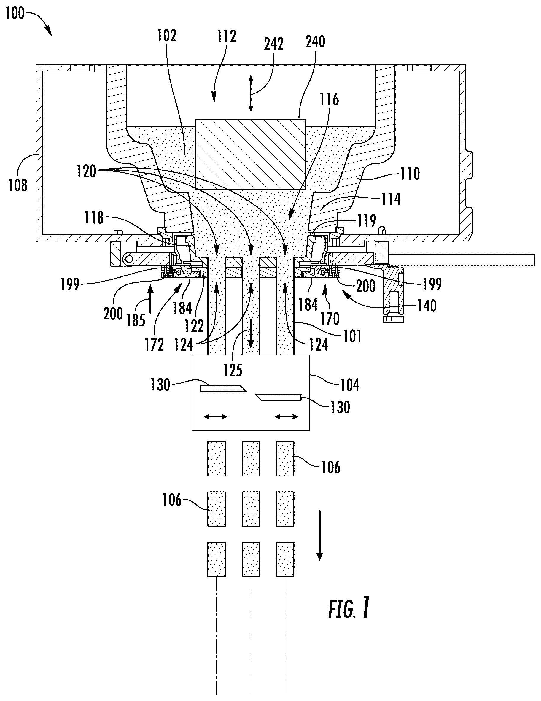Patent US12351505 Figure 1 – Orifice plate change system, glass feeding assembly incorporating an orifice plate change system, and methods