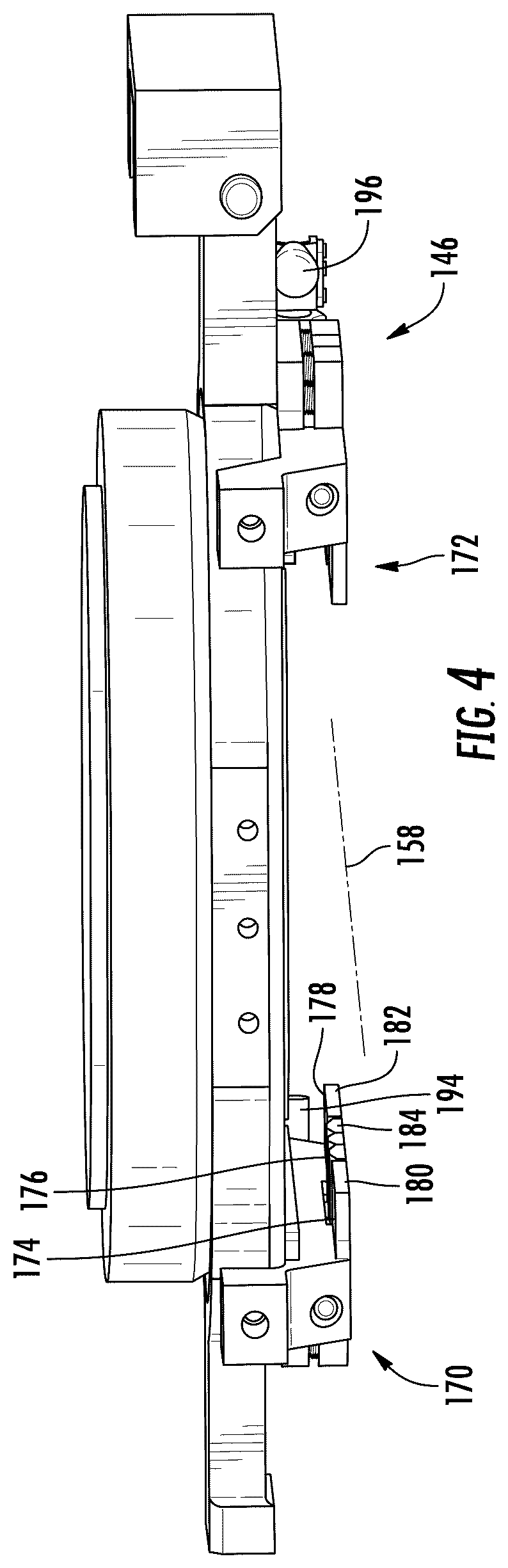 Patent US12351505 Figure 4 – Orifice plate change system, glass feeding assembly incorporating an orifice plate change system, and methods