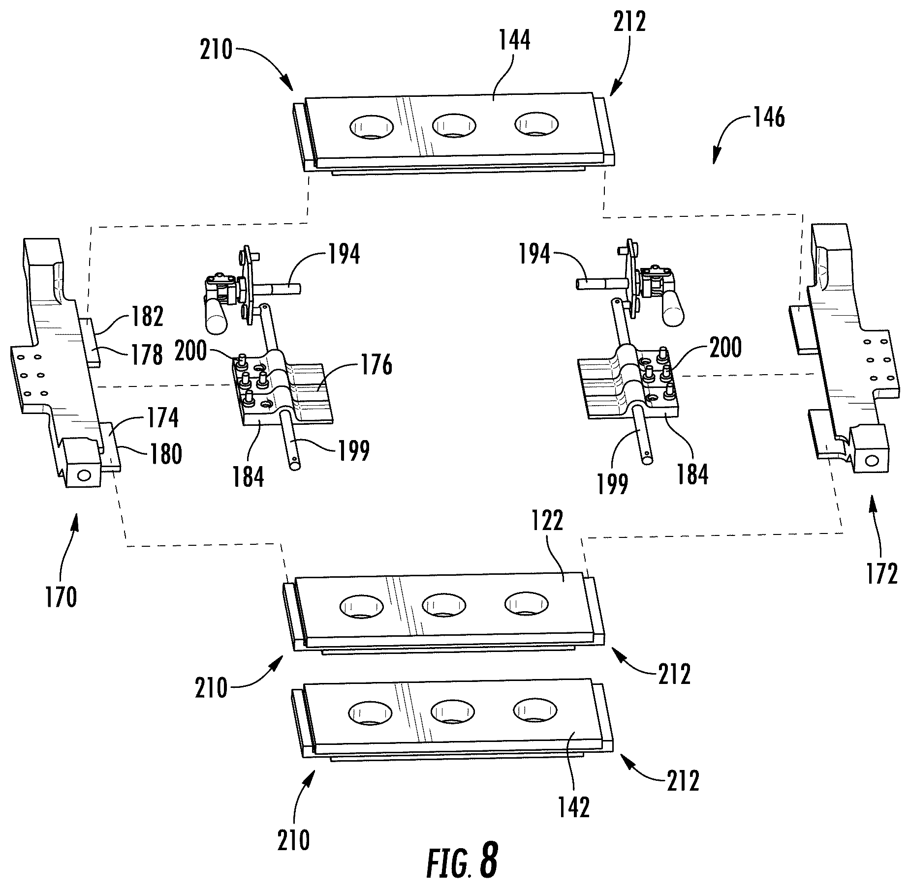 Patent US12351505 Figure 8 – Orifice plate change system, glass feeding assembly incorporating an orifice plate change system, and methods