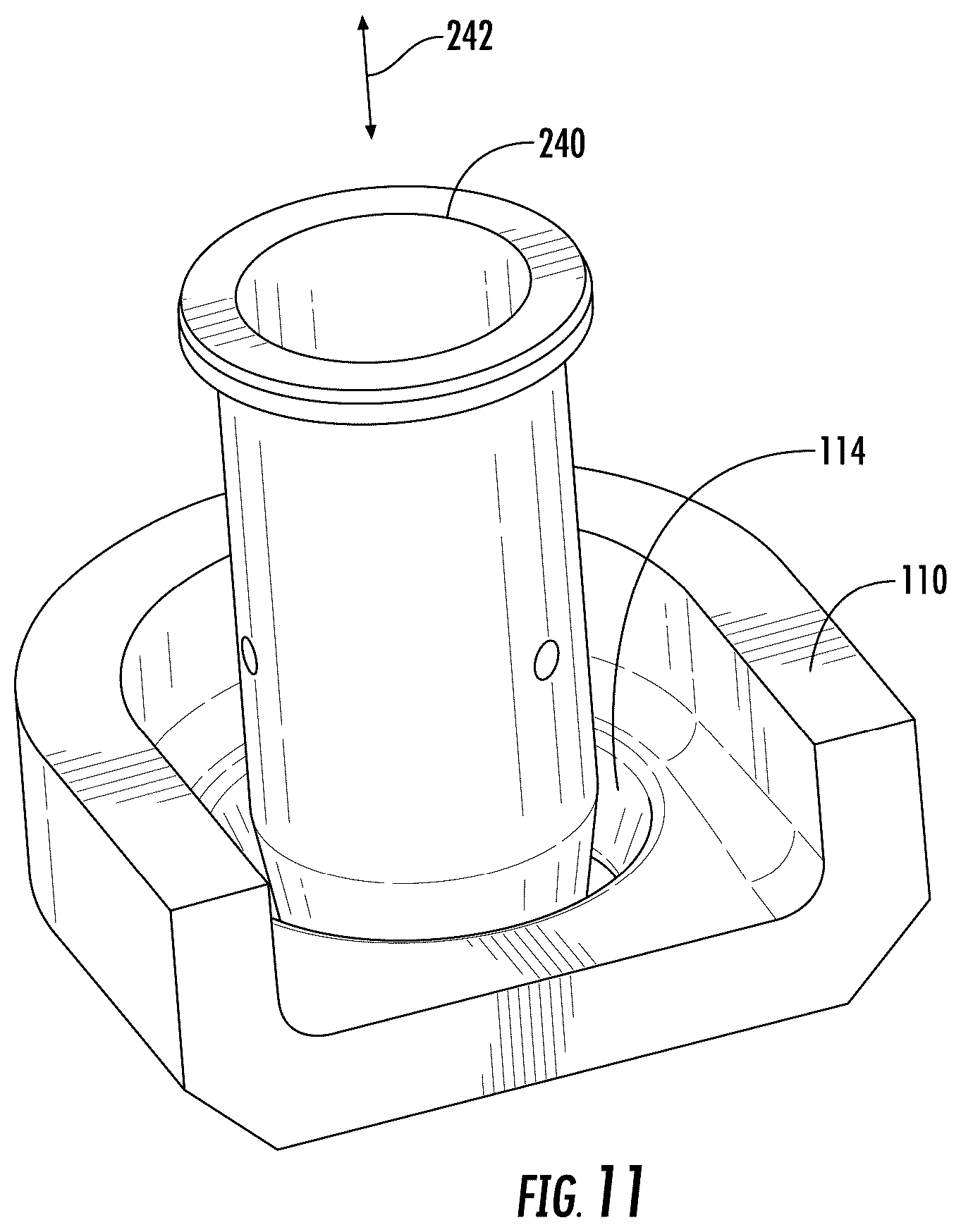 Patent US12351505 Figure 11 – Orifice plate change system, glass feeding assembly incorporating an orifice plate change system, and methods