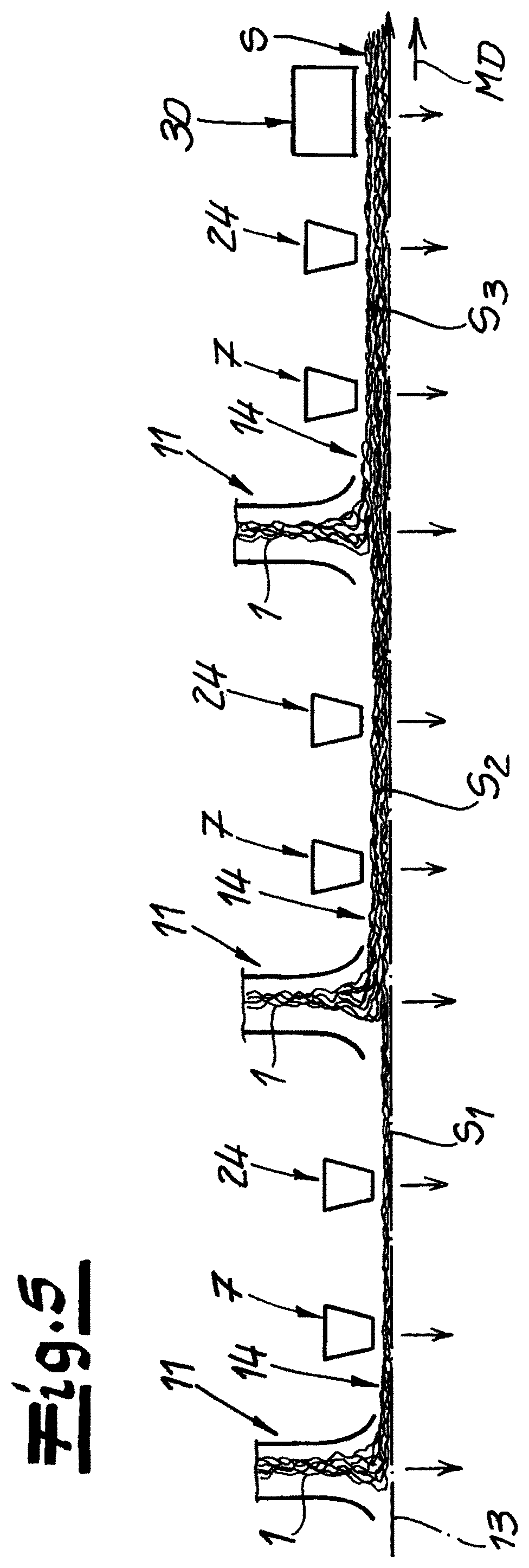 Patent US12351948 Figure 5 – Method and apparatus for making nonwoven fabric of crimped synthetic fibers