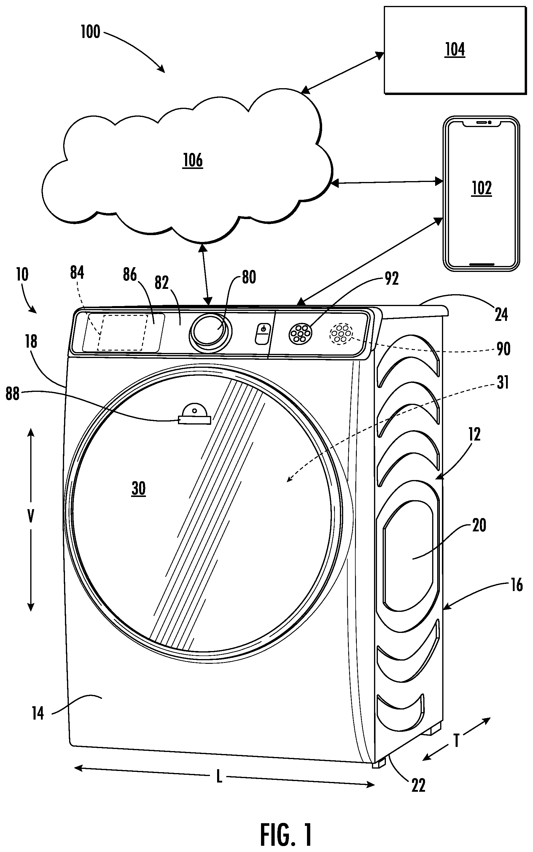 Patent US12351968 Figure 1 – Laundry appliance drum motor fault detection using a camera and artificial intelligence
