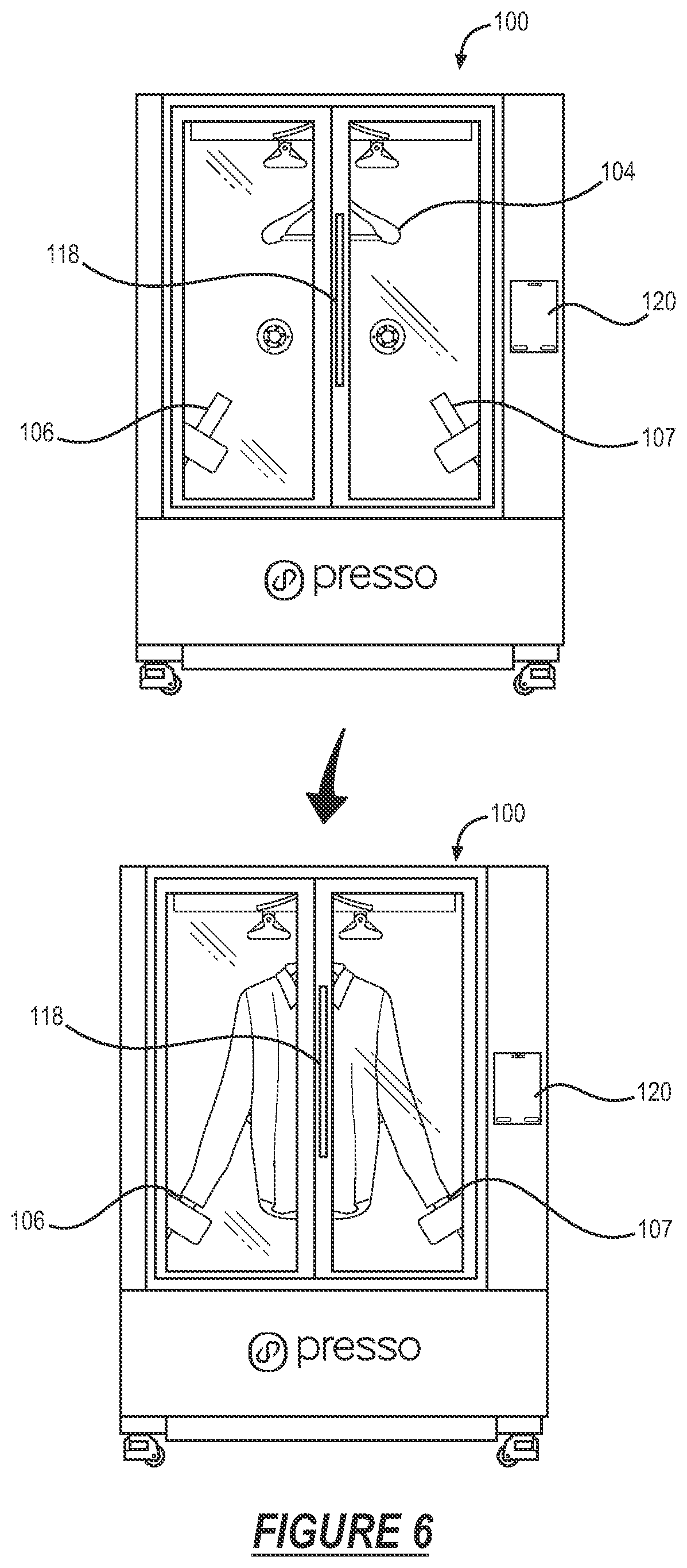 Patent US12351974 Figure 6 – Autonomously dry-cleaning a garment within a kiosk