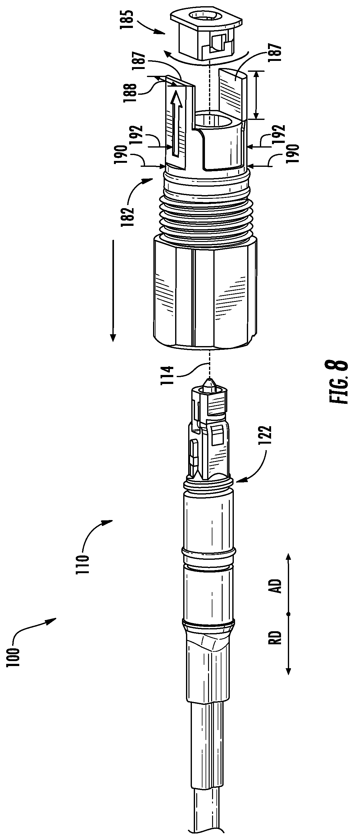 Patent US12353024 Figure 8 – Multiports and optical connectors with rotationally discrete locking and keying features