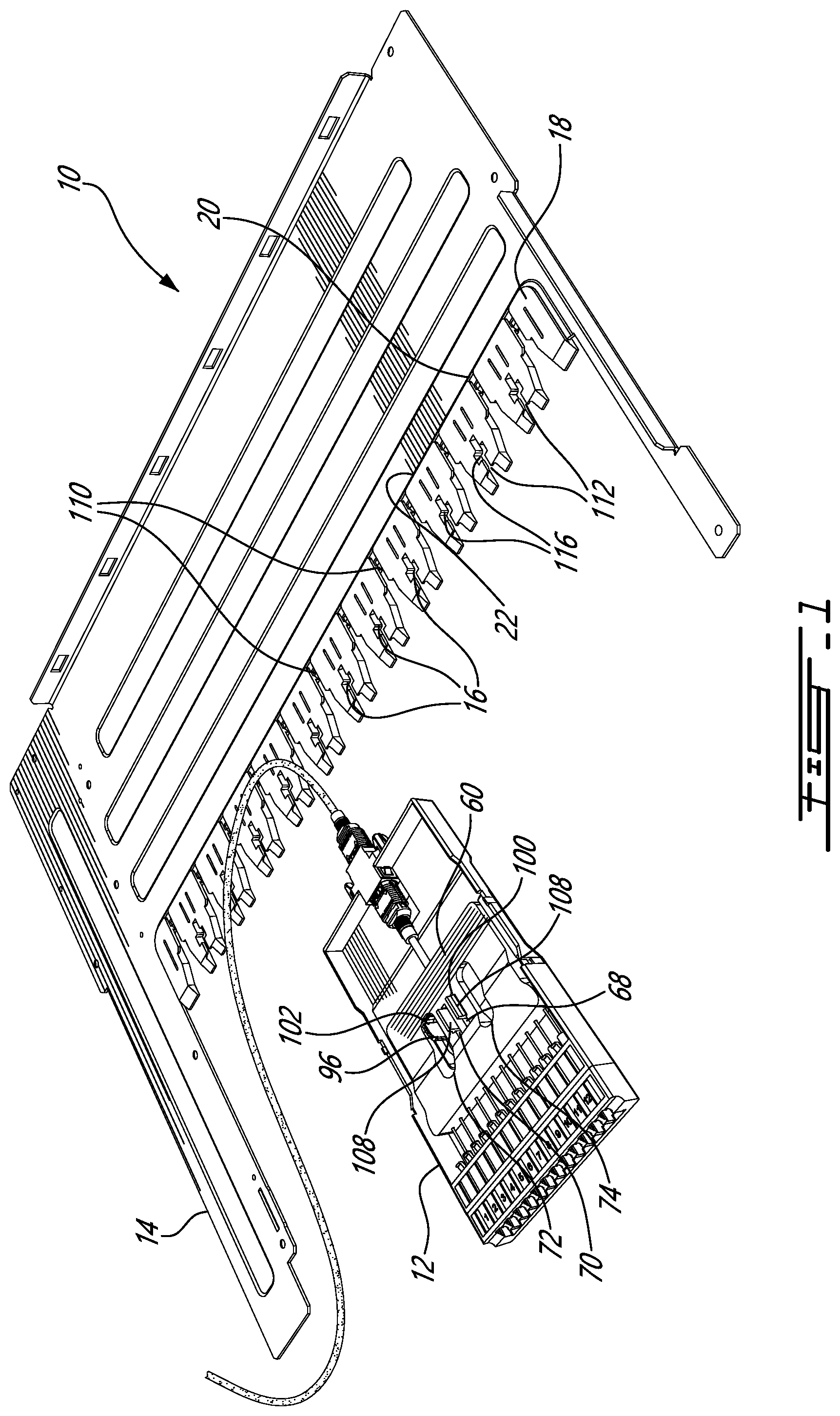 Patent US12353039 Figure 1 – Fiber optic cassette with cable manager and system