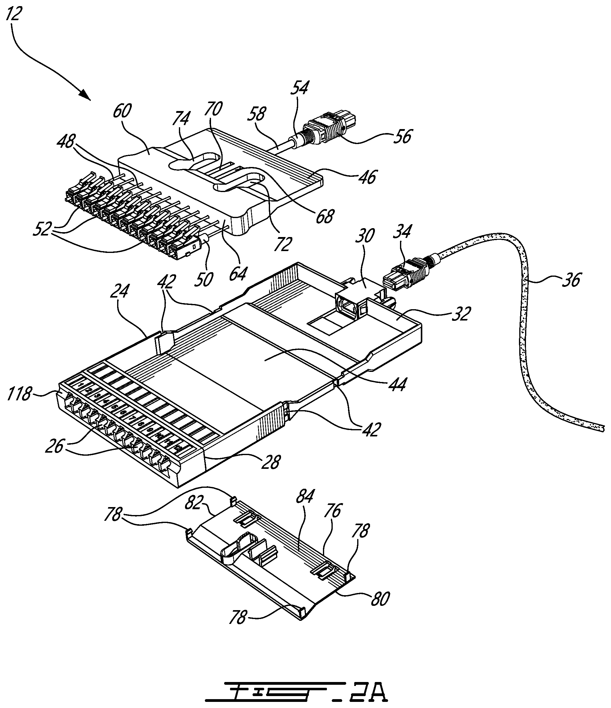 Patent US12353039 Figure 2 – Fiber optic cassette with cable manager and system