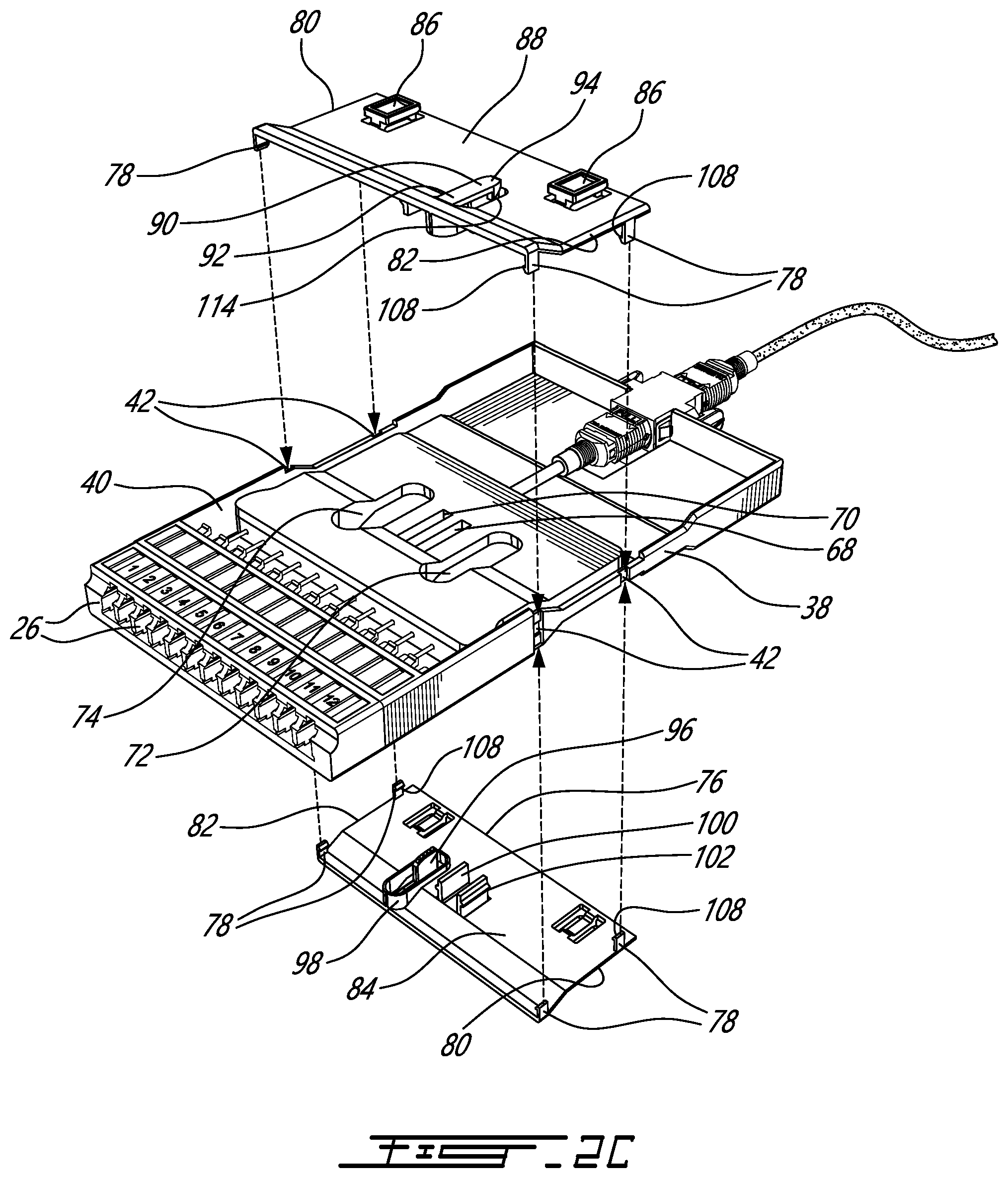 Patent US12353039 Figure 4 – Fiber optic cassette with cable manager and system