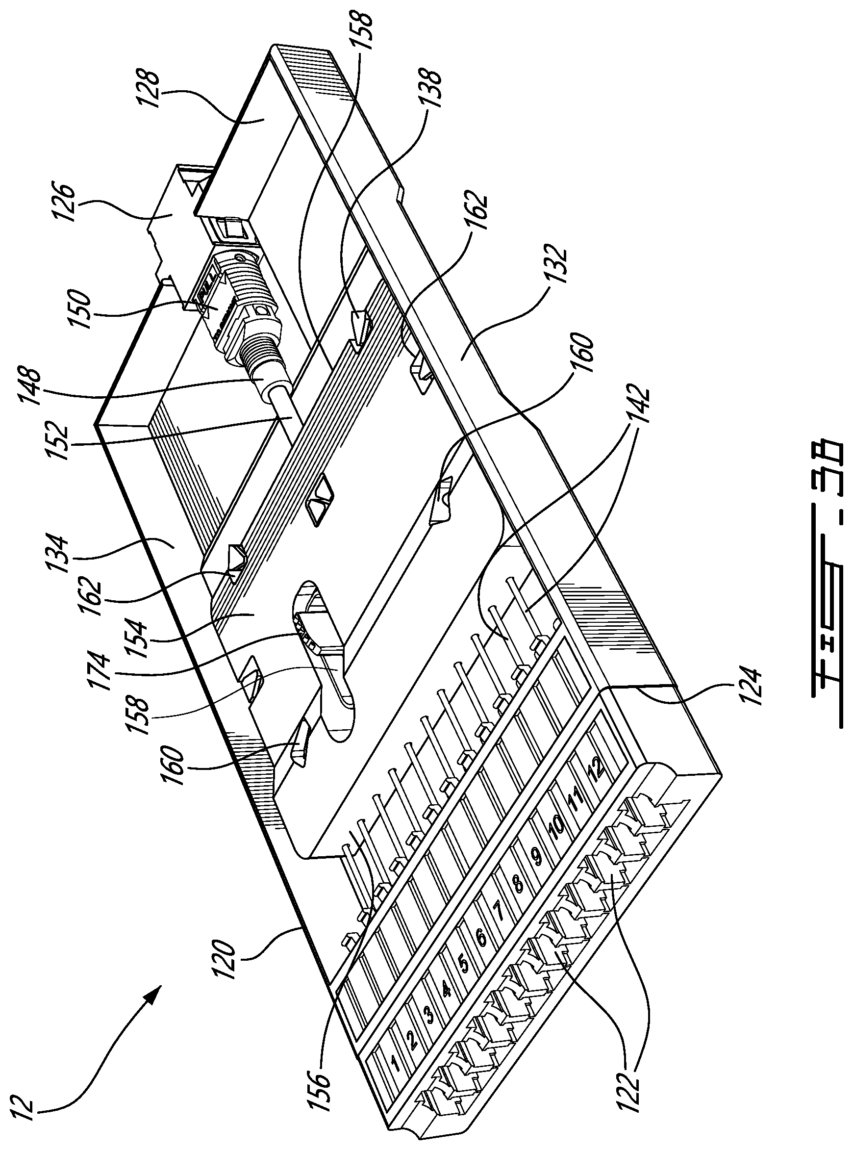 Patent US12353039 Figure 6 – Fiber optic cassette with cable manager and system