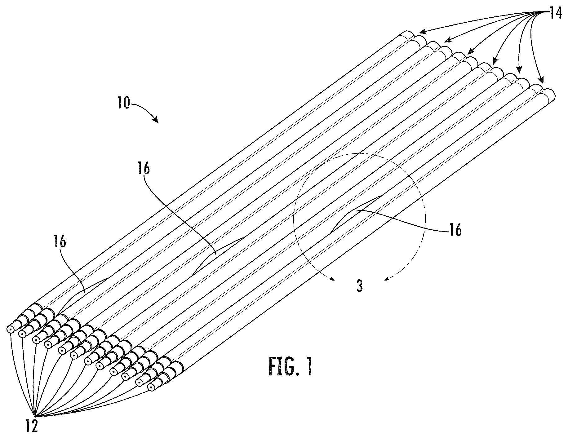 Patent US12353041 Figure 1 – Intermittently bonded ribbon with intermittent bonds created with a wet-on-wet process