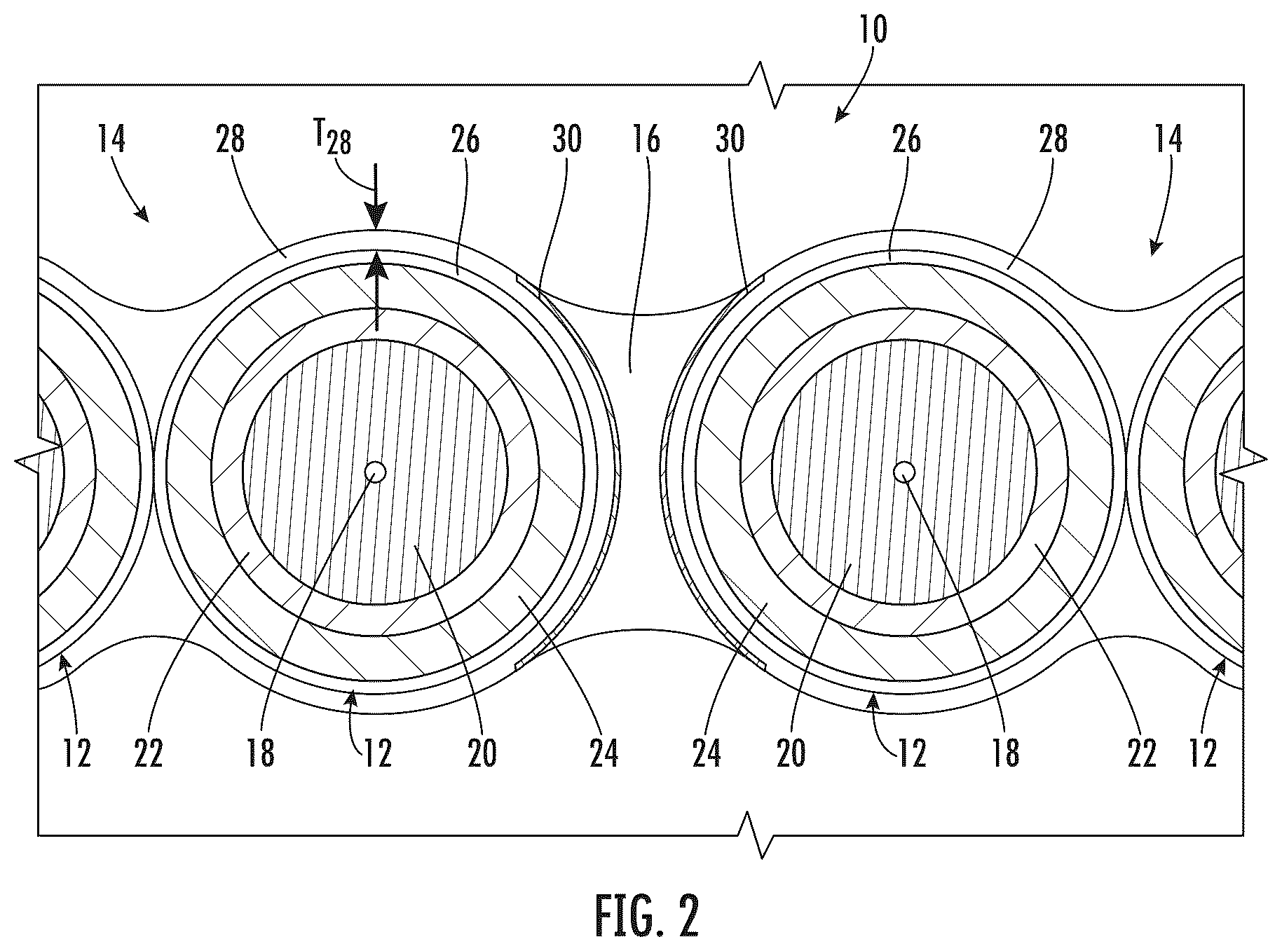 Patent US12353041 Figure 2 – Intermittently bonded ribbon with intermittent bonds created with a wet-on-wet process