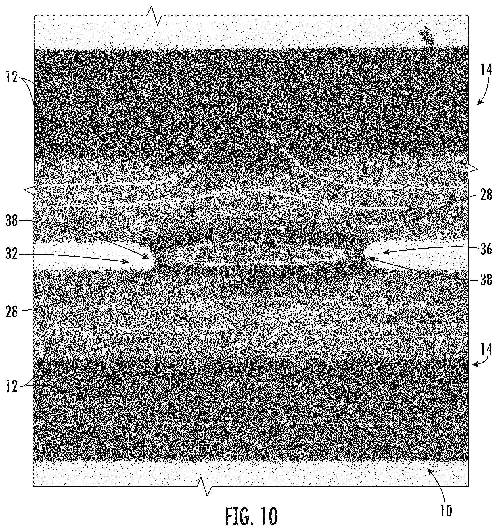 Patent US12353041 Figure 8 – Intermittently bonded ribbon with intermittent bonds created with a wet-on-wet process