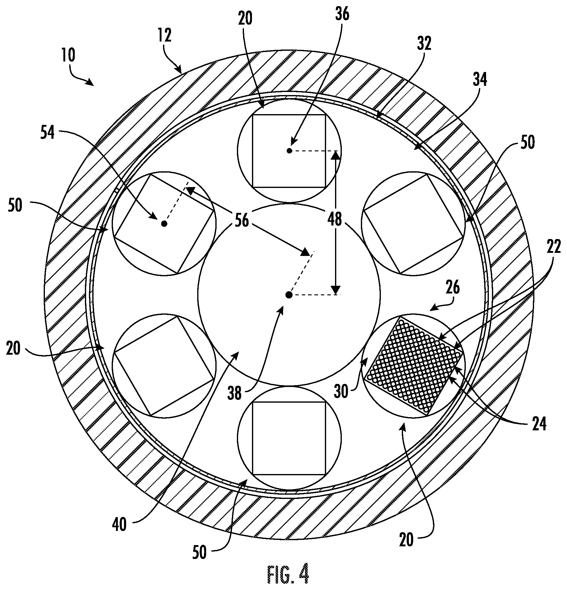 Patent US12353042 Figure 4 – Optical cable with SZ stranded routable fiber carrying subunits