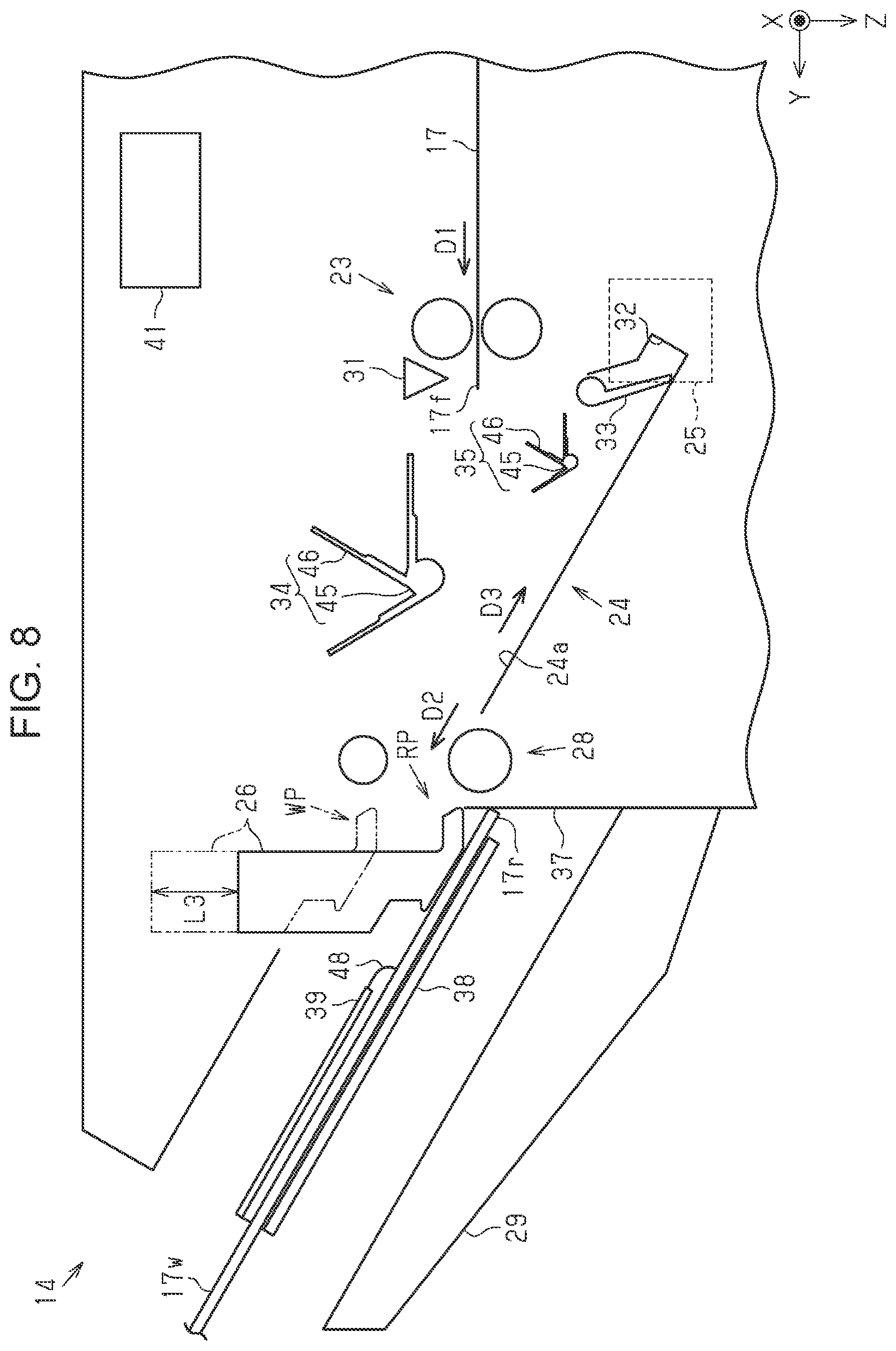 Patent US12353153 Figure 8 – Post-processing device with a pressing section