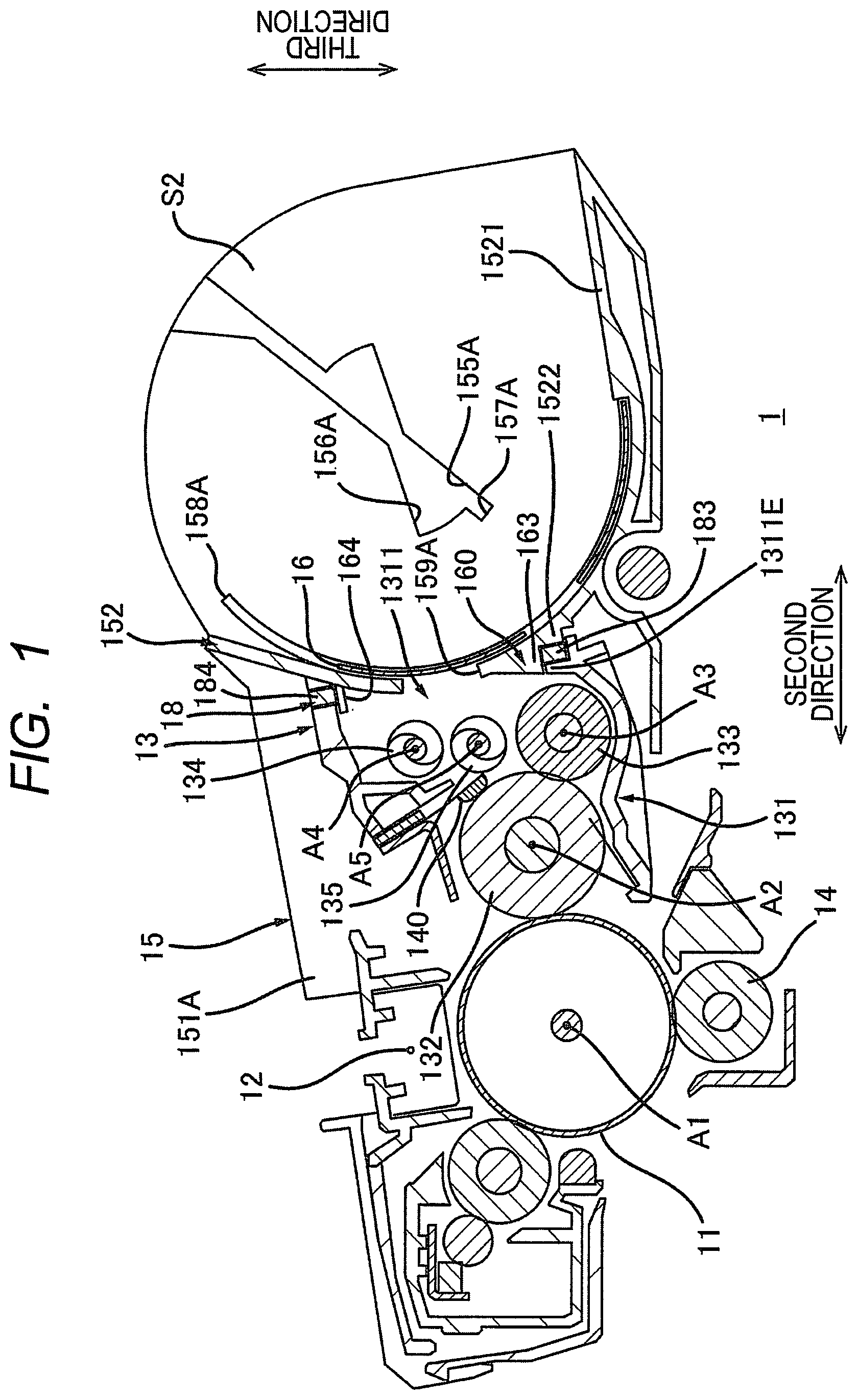 Patent US12353163 Figure 1 – Process cartridge having support frame with passage opening, developing housing with reception opening, and seal