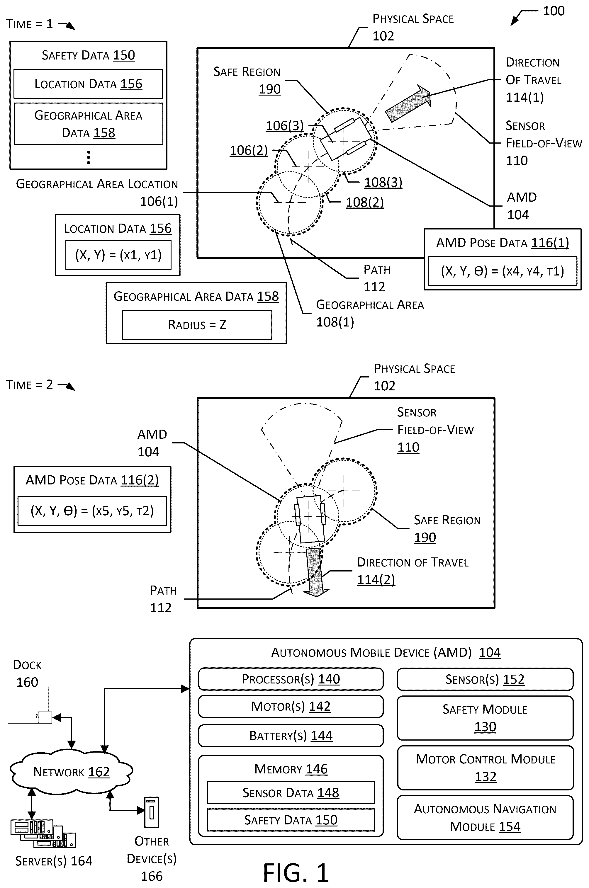 Patent US12353211 — System for movement outside of sensor field of view by an autonomous mobile device — Figure 1