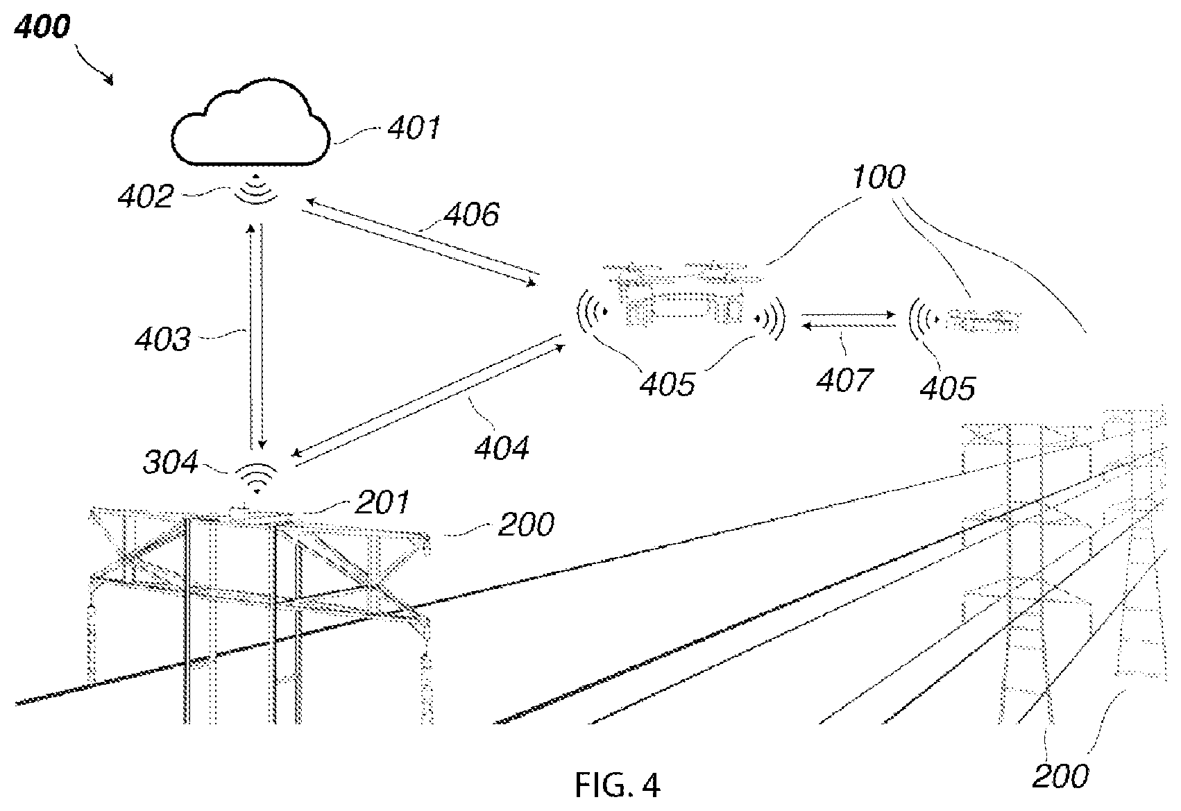 Patent US12353222 Figure 4 – Cooperative unmanned autonomous aerial vehicles for power grid inspection and management