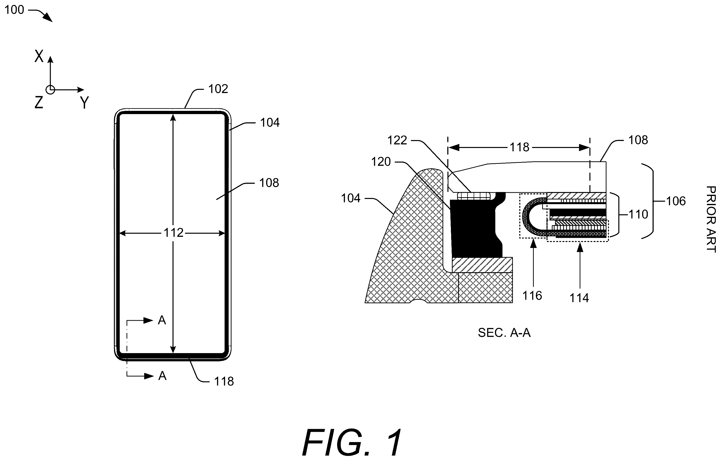 Patent US12353246 Figure 1 – Narrow display borders using a display-to-frame interposer