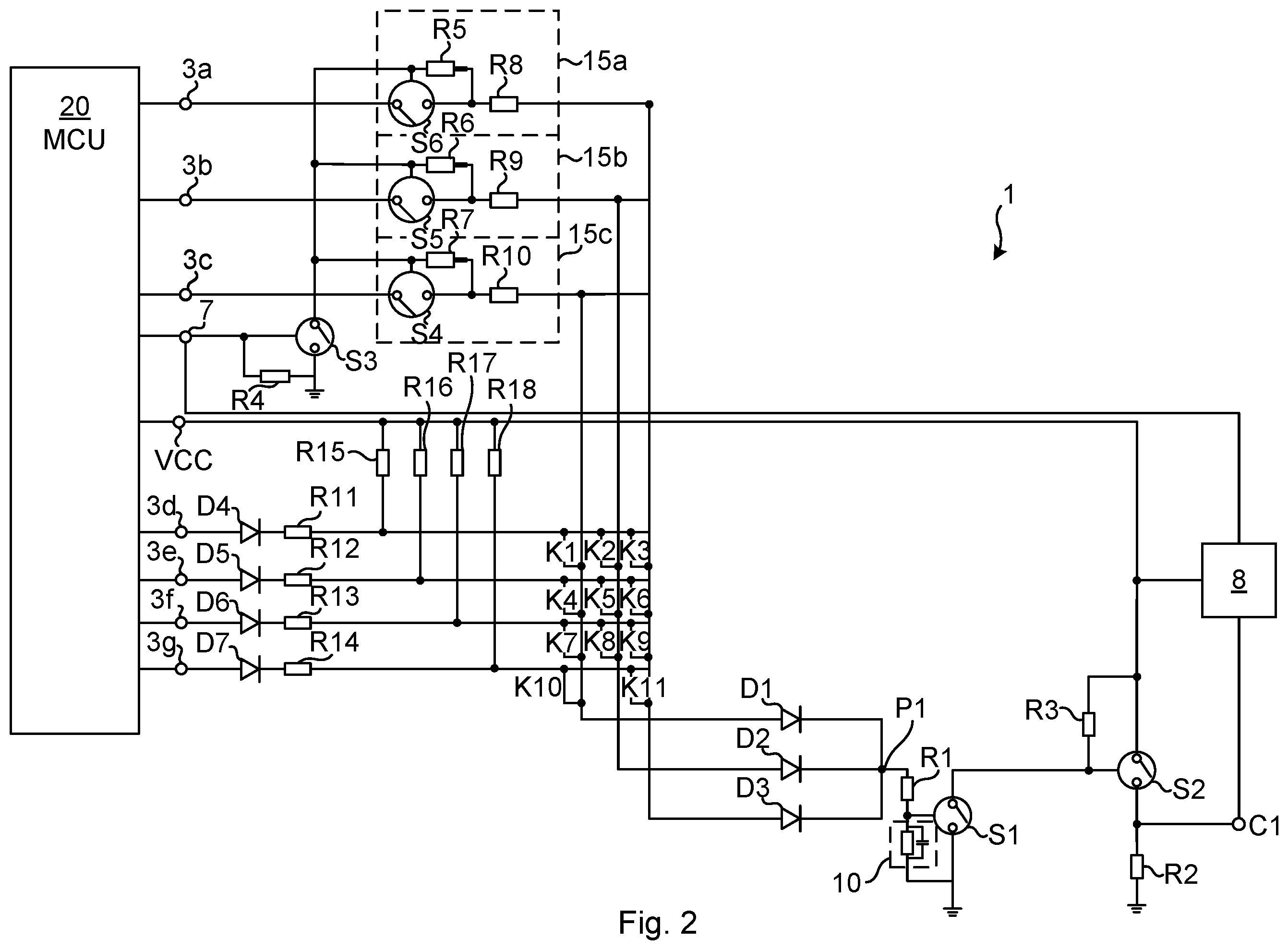 Patent US12353267 Figure 2 – Keypad comprising keys causing both MCU wake-up and key detection