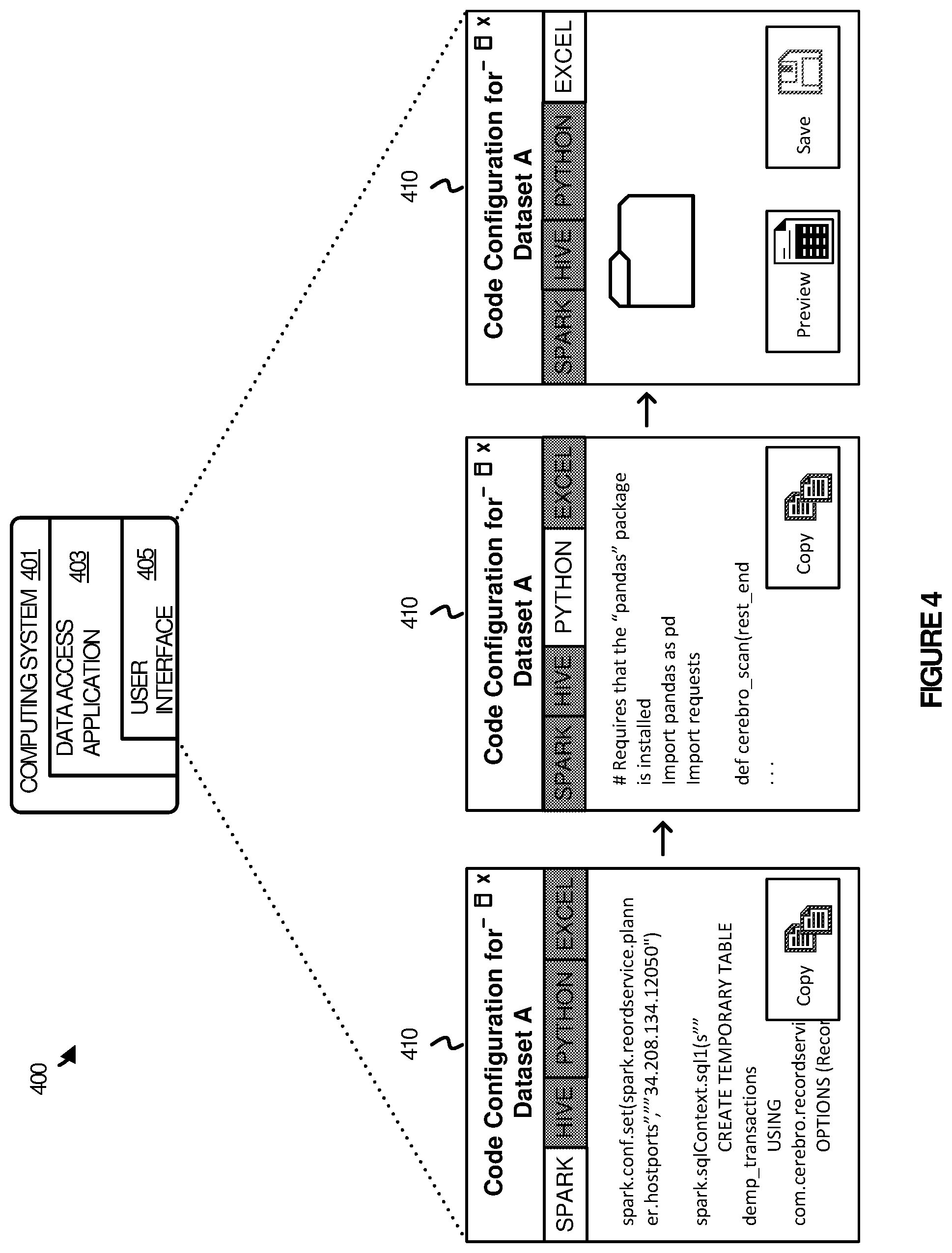 Patent US12353389 Figure 4 – Customized code configurations for a multiple application service environment
