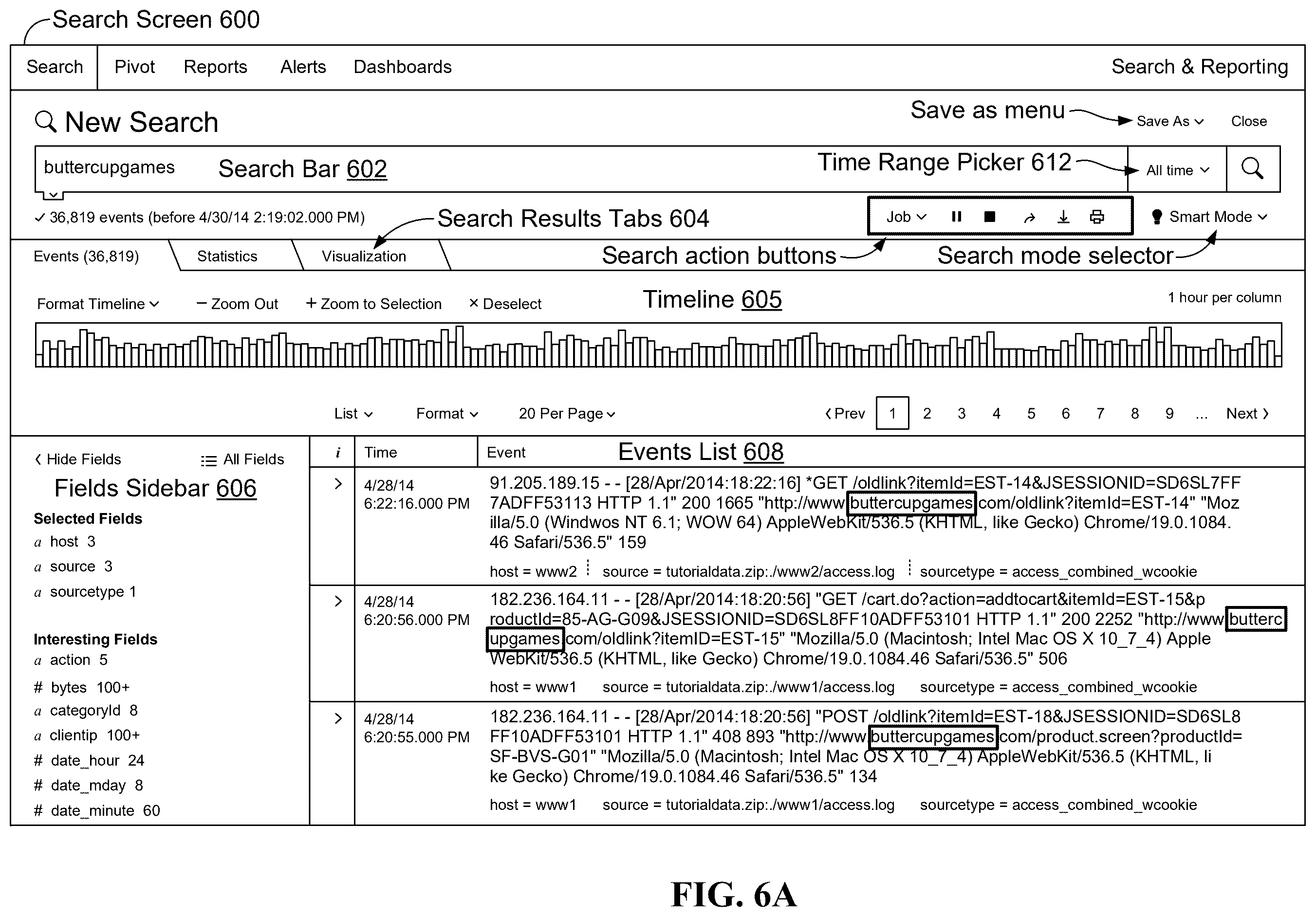 Patent US12353400 Figure 6 – Summarized view of search results with a panel in each column