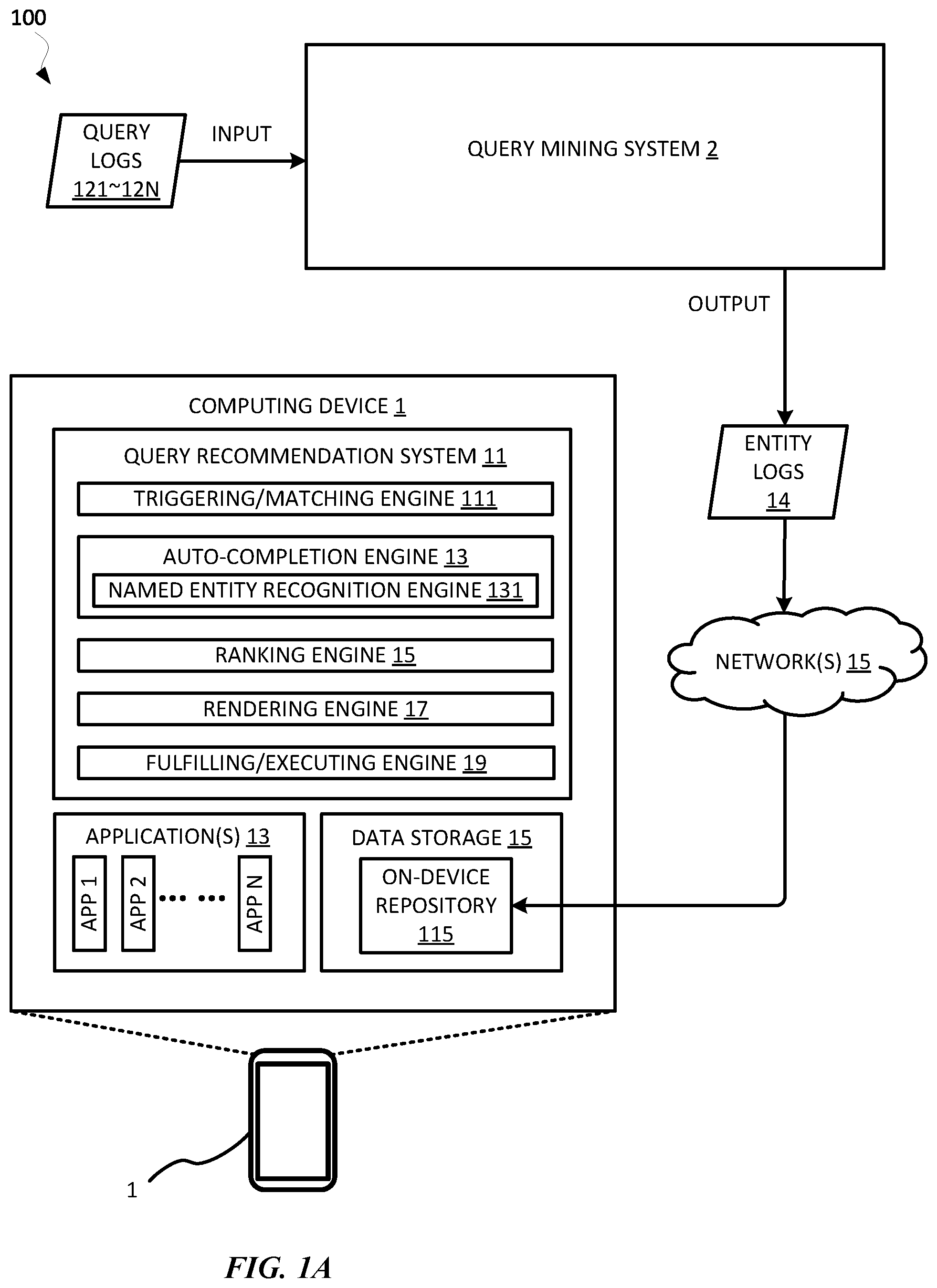 Patent US12353427 — Rendering suggestion for searching entity within application in response to determining the entity is associated with the application — Figure 1