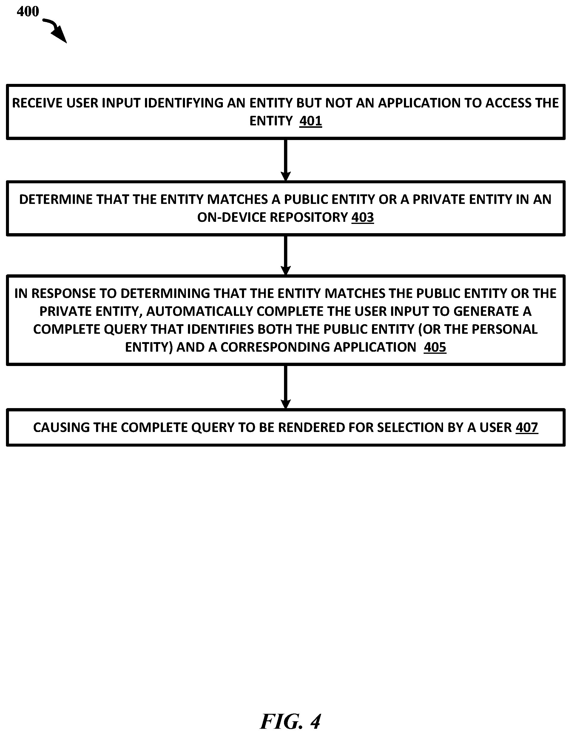Patent US12353427 Figure 5 – Rendering suggestion for searching entity within application in response to determining the entity is associated with the application
