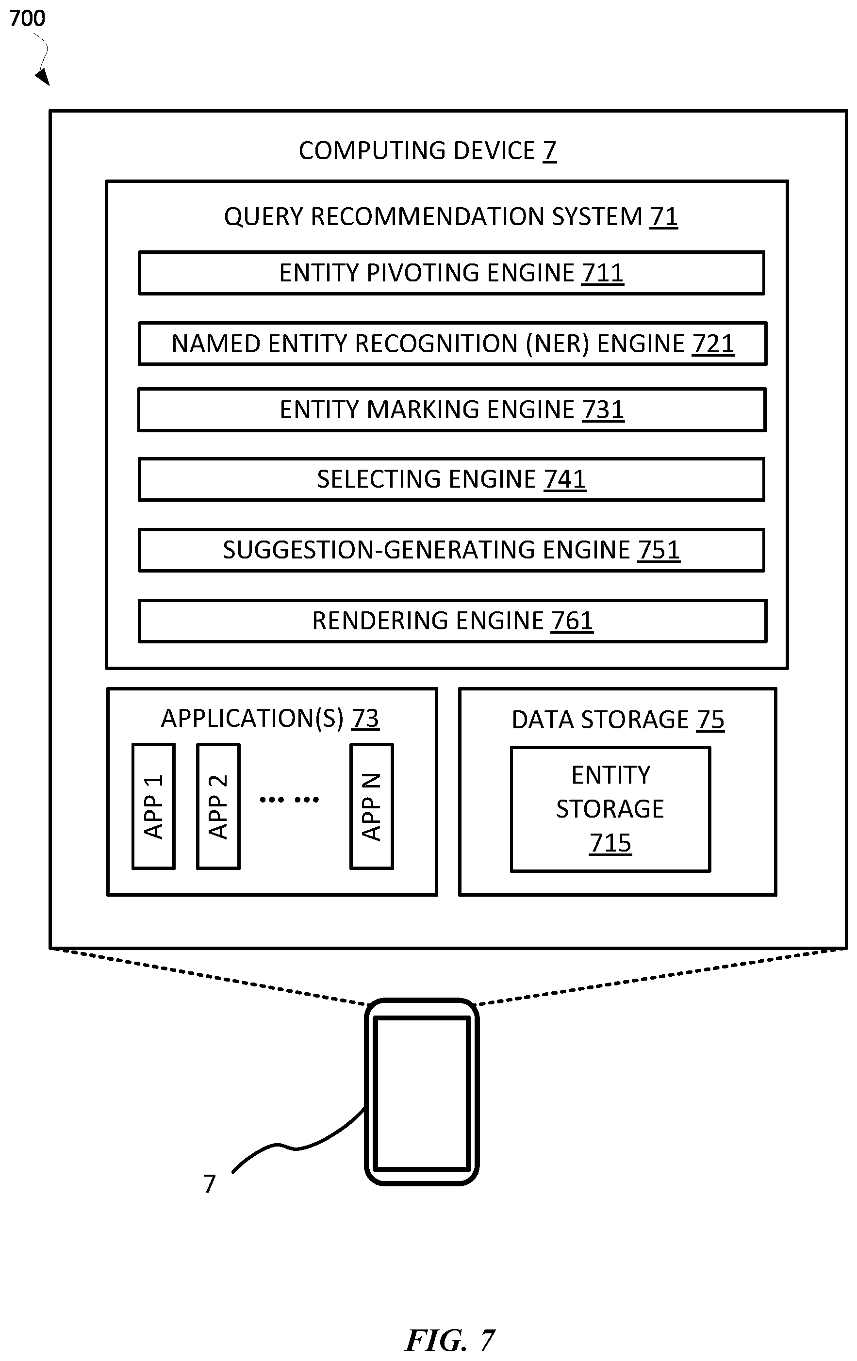 Patent US12353427 Figure 8 – Rendering suggestion for searching entity within application in response to determining the entity is associated with the application