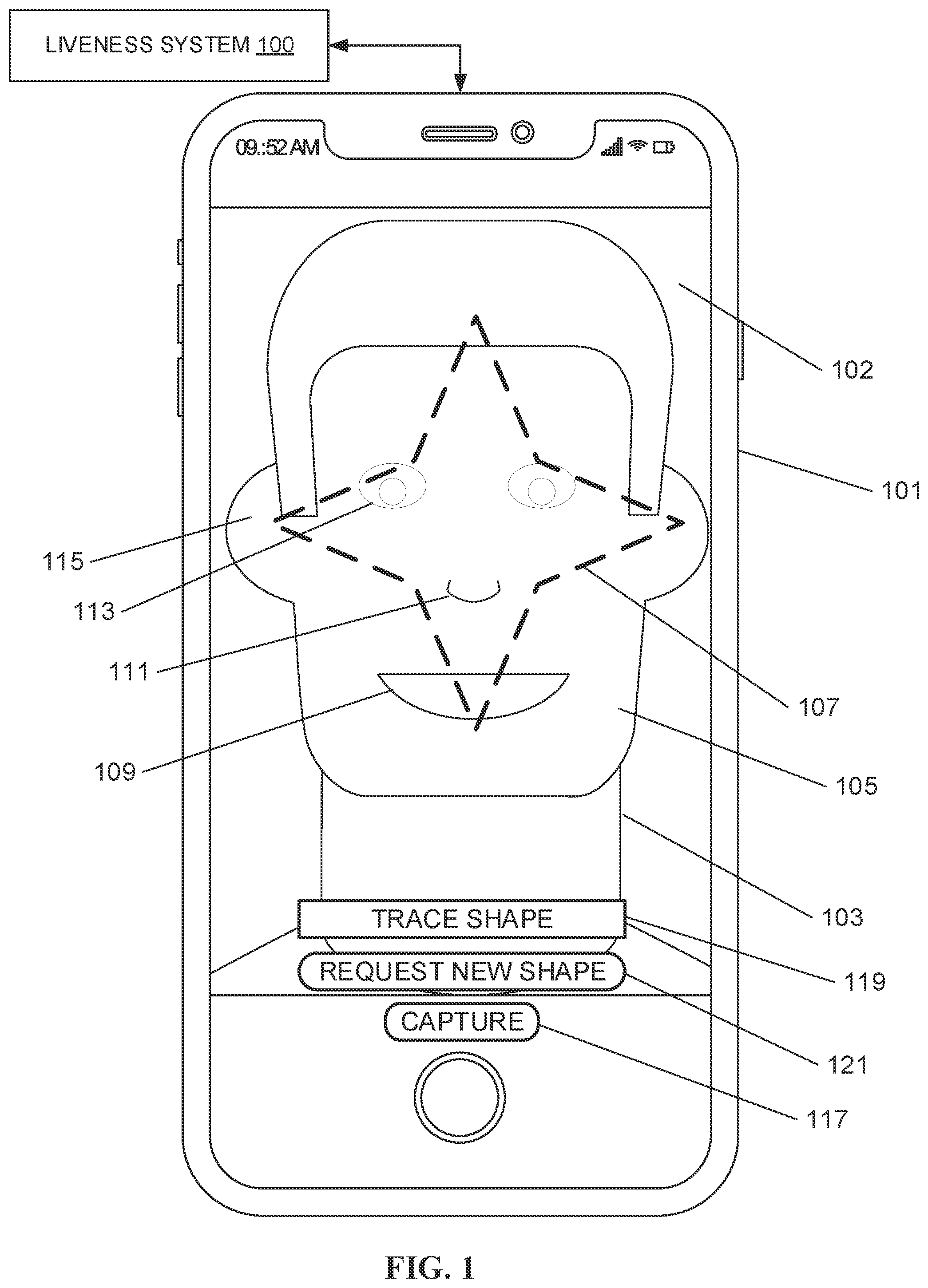 Patent US12353530 Figure 1 – Shape overlay for proof of liveness