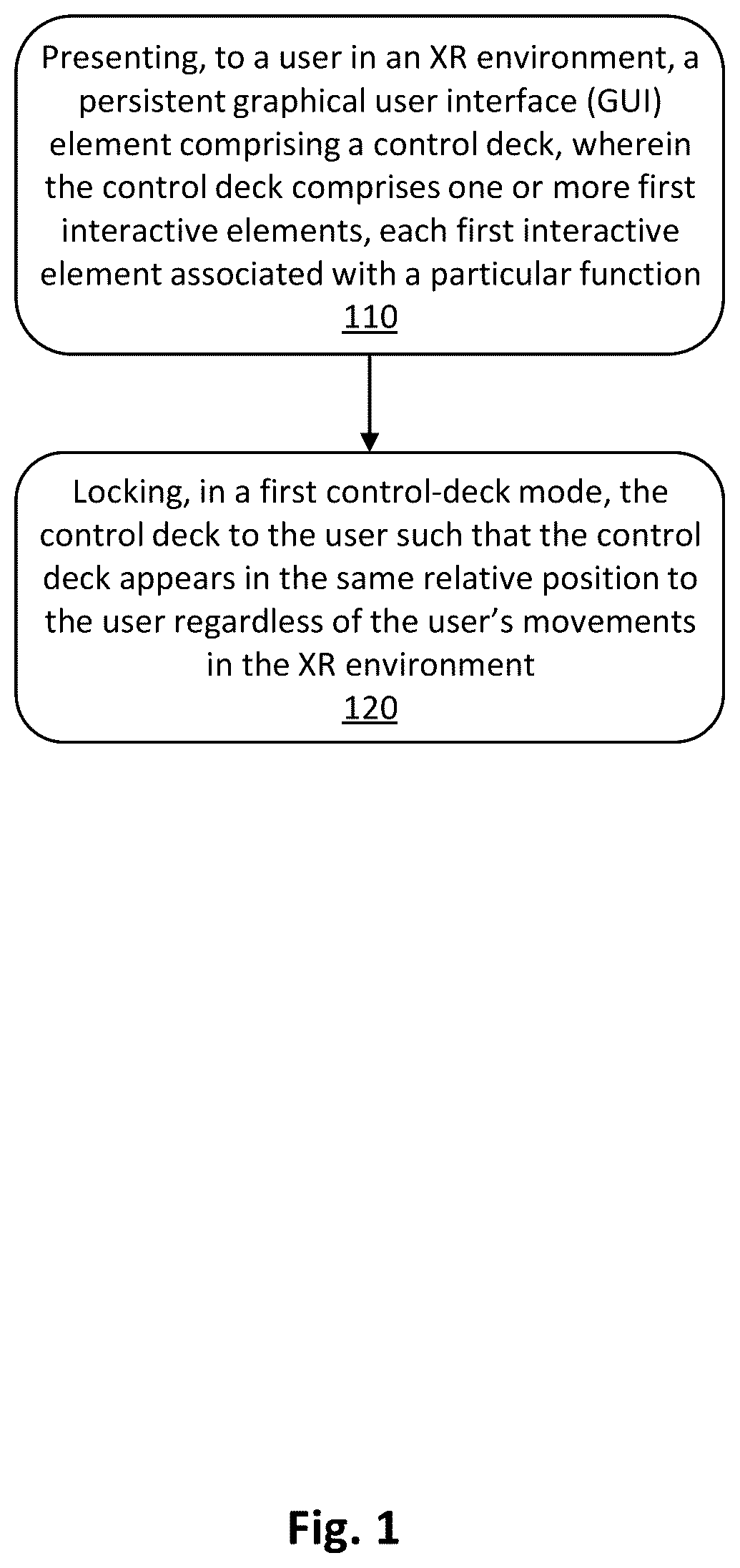 Patent US12353673 Figure 1 – Control-deck graphical user interface in XR