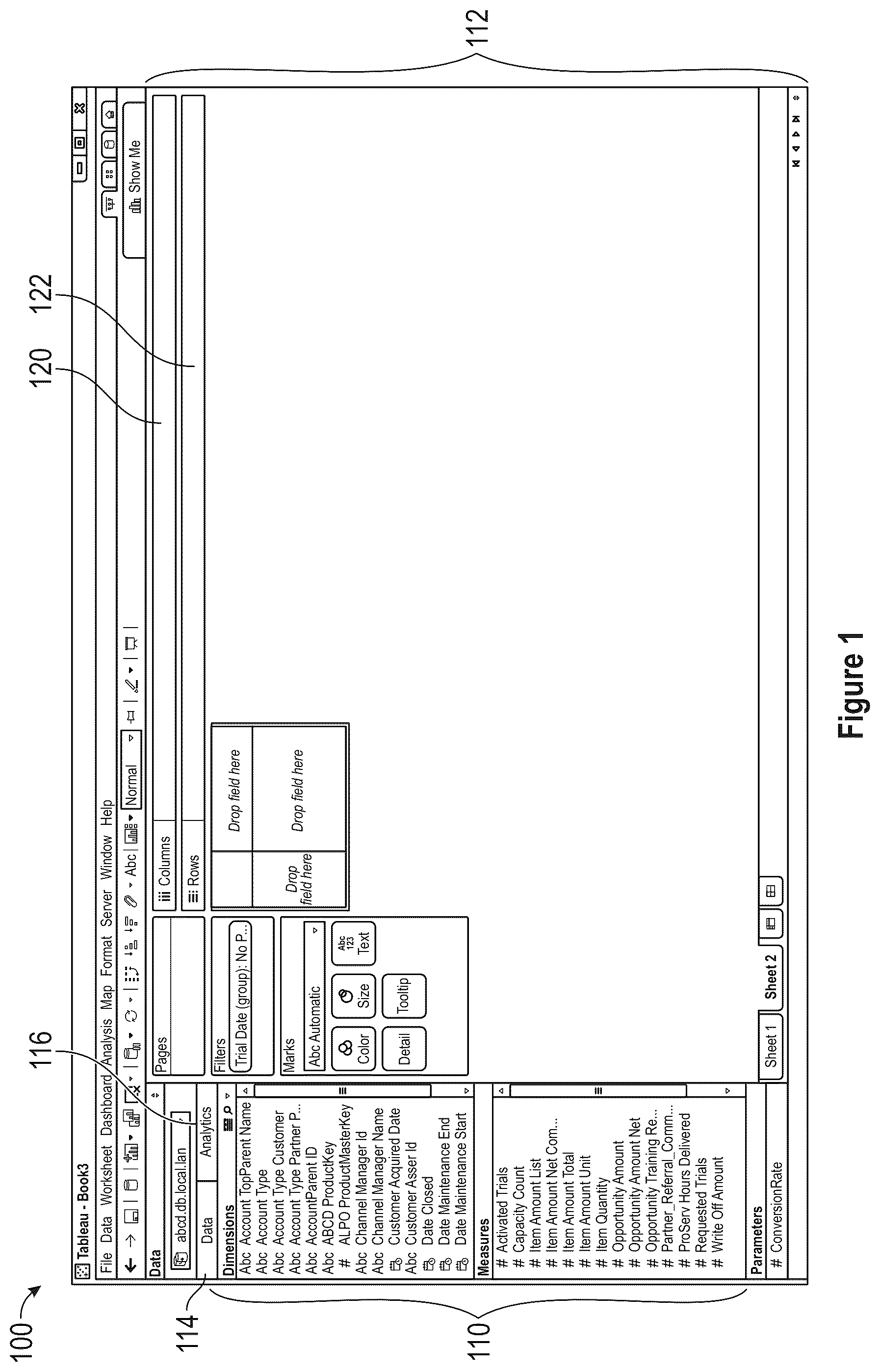 Patent US12353675 Figure 1 – Data analysis platform with animation for rendering graphical representations of data