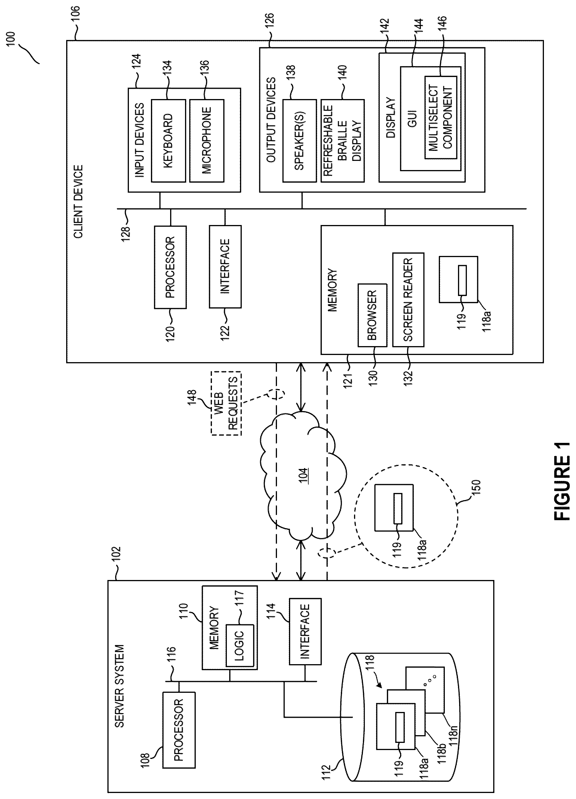 Patent US12353694 Figure 1 – Screen-reader accessible multiselect user interface component with dynamic state announcements