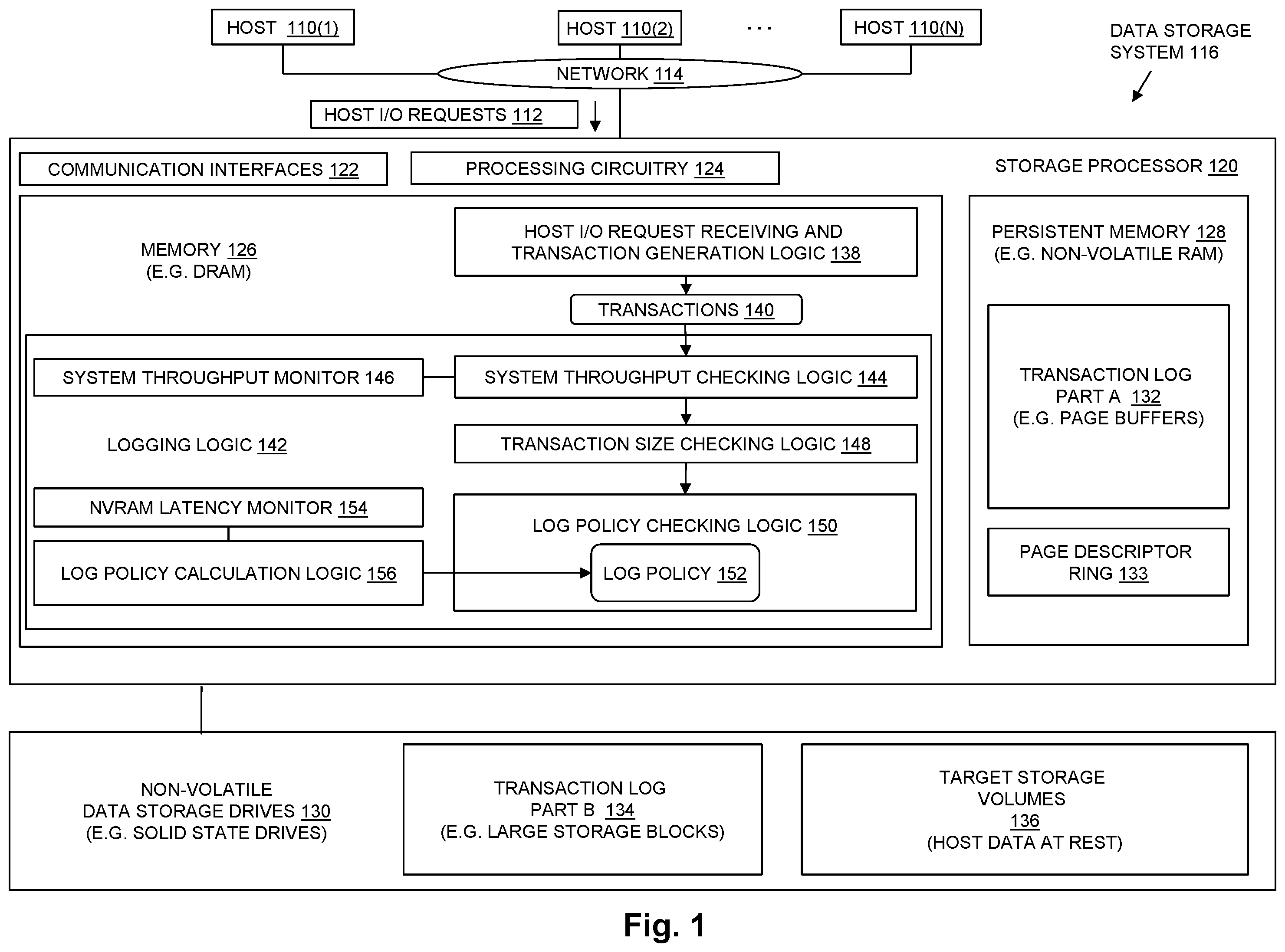 Patent US12353718 Figure 1 – Persistently storing a transaction log in a data storage system based on a log policy
