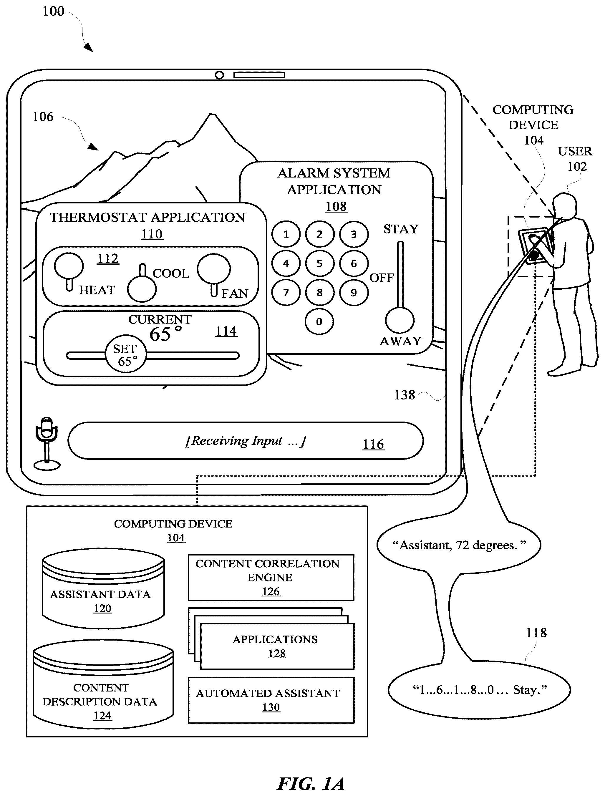 Patent US12353798 Figure 1 – Condensed spoken utterances for automated assistant control of an intricate application GUI