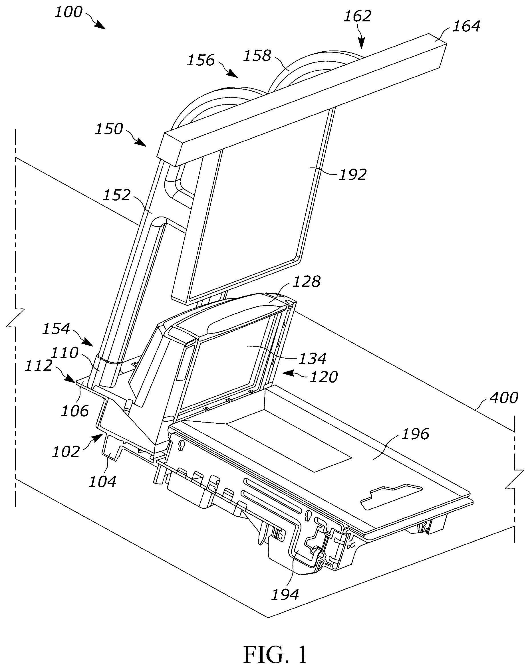 Patent US12353951 Figure 1 – Bioptic indicia reader assembly with an accessory structure having a crossbar over the bioptic indicia reader