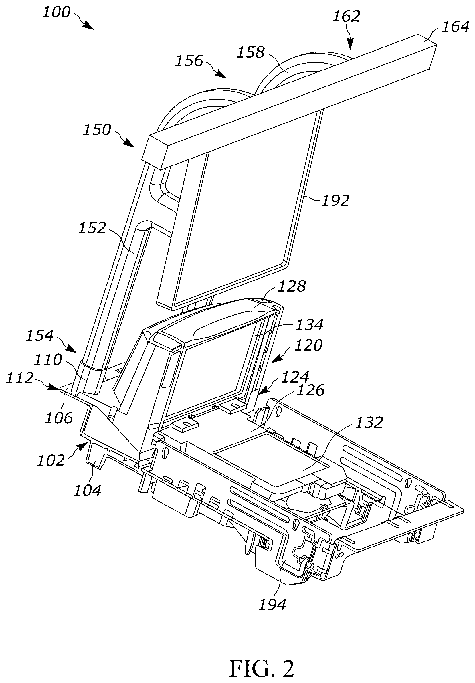 Patent US12353951 Figure 2 – Bioptic indicia reader assembly with an accessory structure having a crossbar over the bioptic indicia reader