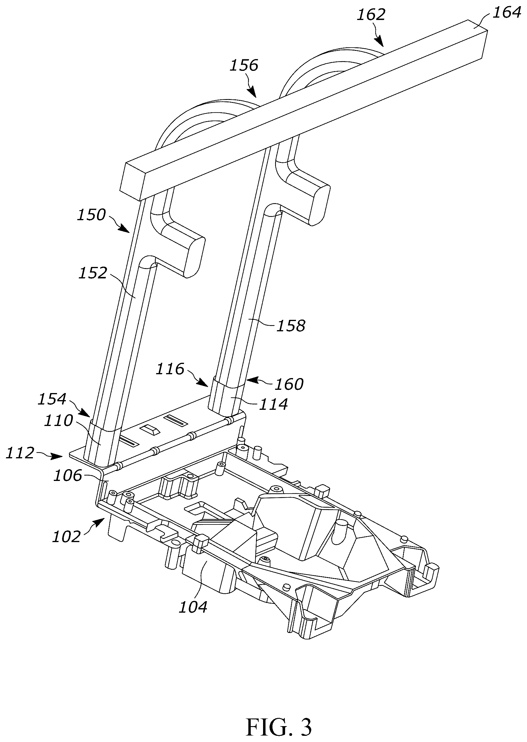 Patent US12353951 Figure 3 – Bioptic indicia reader assembly with an accessory structure having a crossbar over the bioptic indicia reader