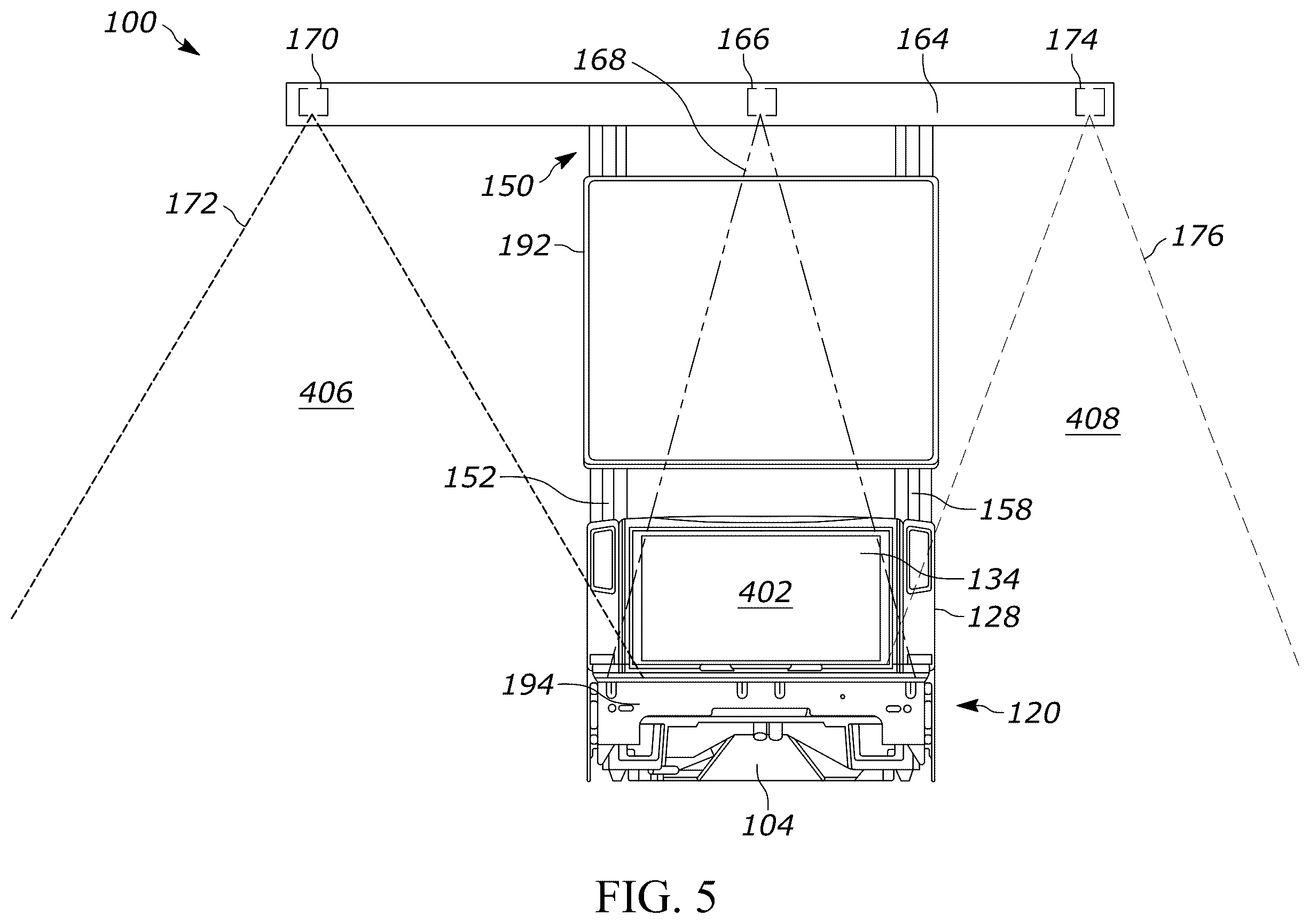 Patent US12353951 Figure 5 – Bioptic indicia reader assembly with an accessory structure having a crossbar over the bioptic indicia reader
