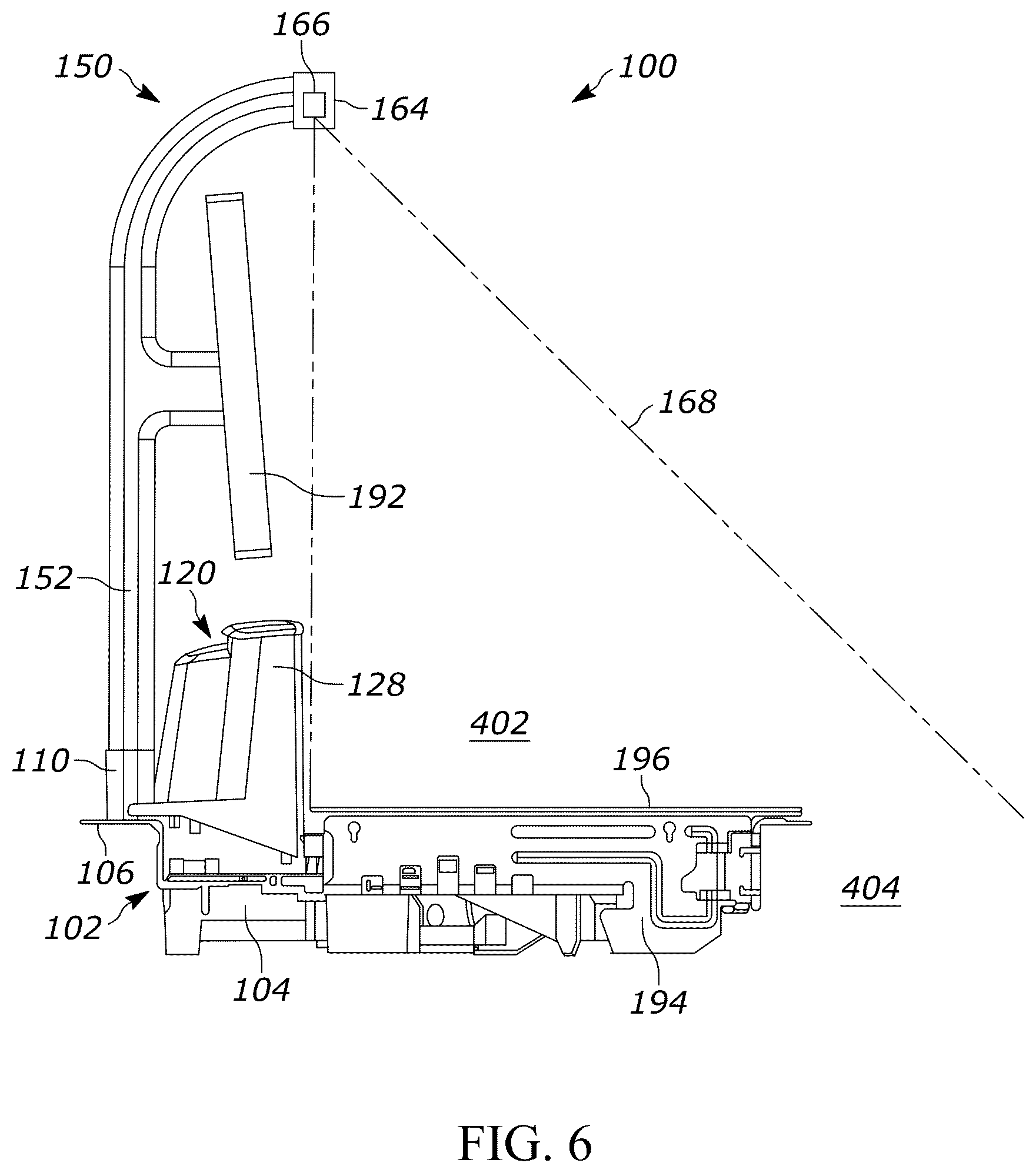 Patent US12353951 Figure 6 – Bioptic indicia reader assembly with an accessory structure having a crossbar over the bioptic indicia reader