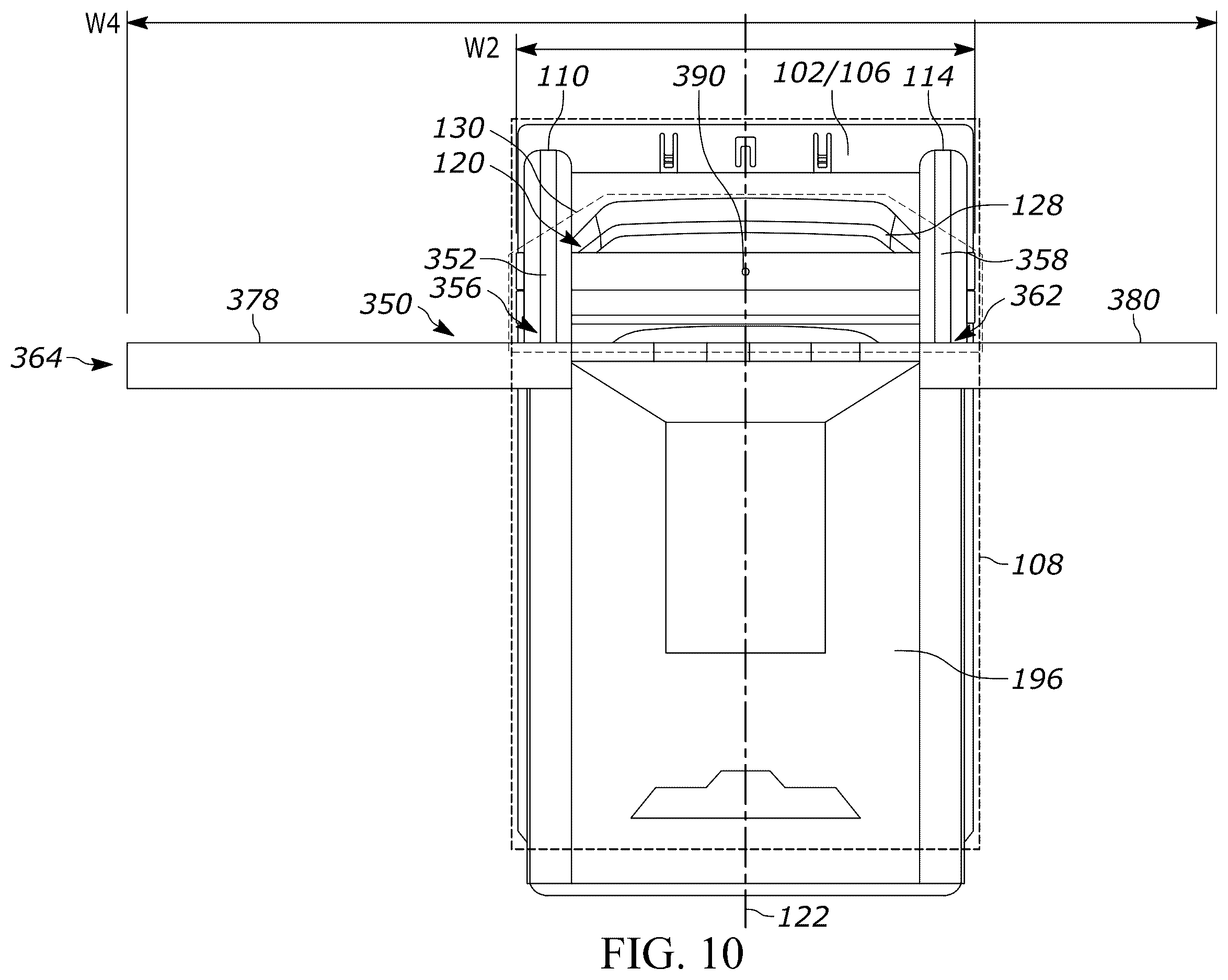 Patent US12353951 Figure 10 – Bioptic indicia reader assembly with an accessory structure having a crossbar over the bioptic indicia reader